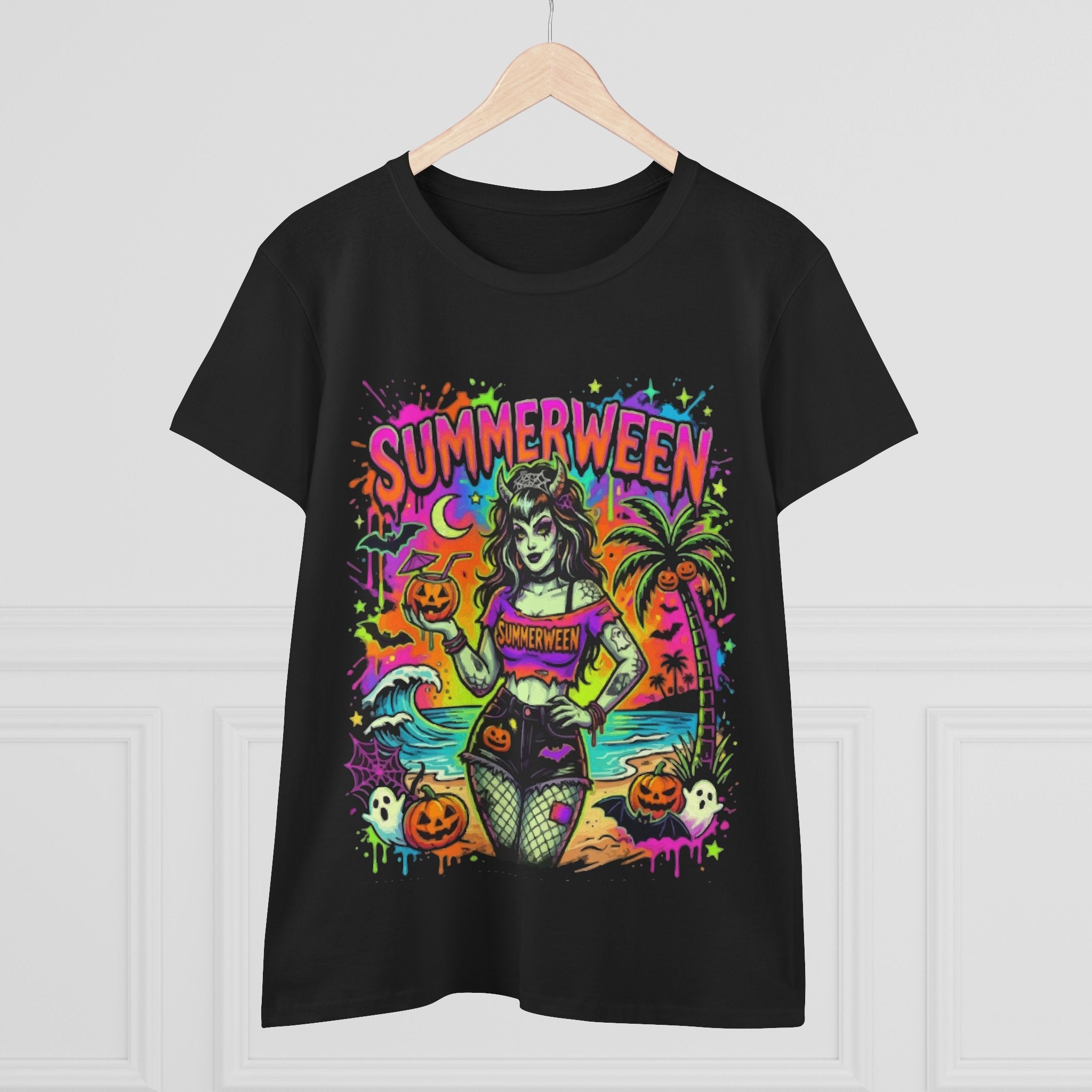 Summerween Graphic Tee — Retro Neon Pinup Halloween Beach Shirt