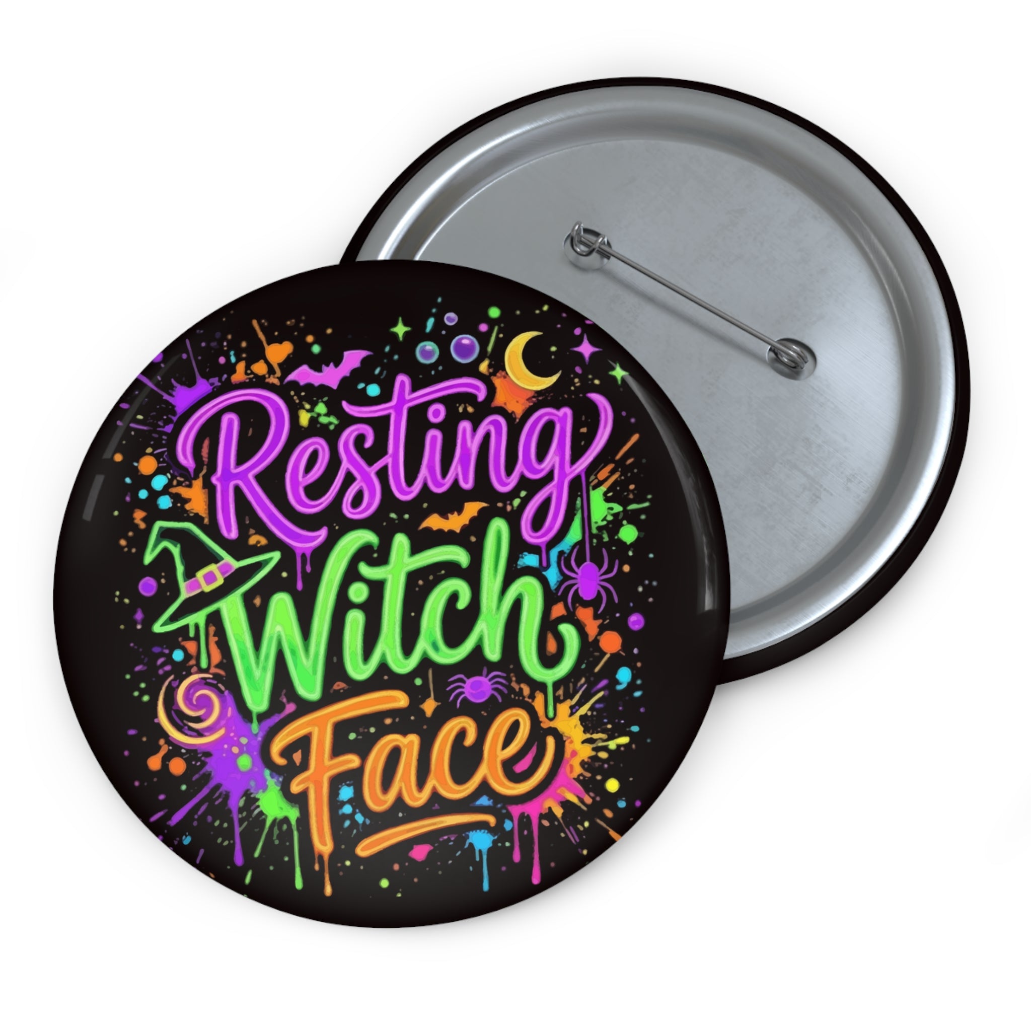 Resting Witch Face Pin Button — Colorful Halloween Witchy Badge