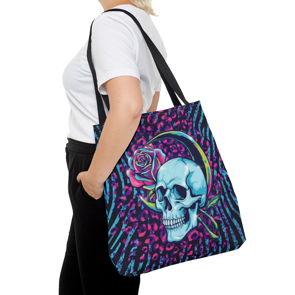 Skull & Rose Tote Bag — Neon Gothic Crescent Moon AOP Tote