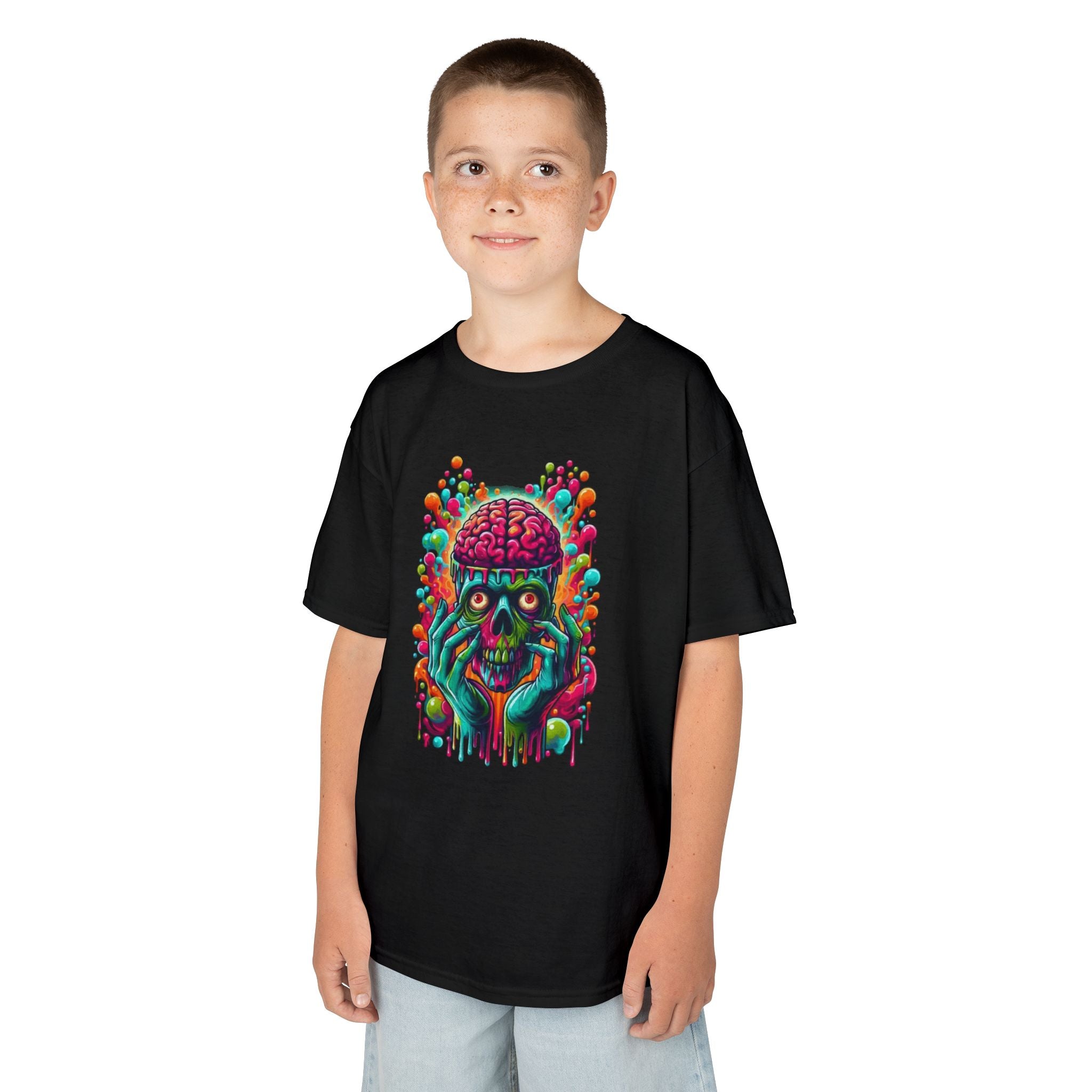 Kids Tee — Neon Brain Monster Graphic T-Shirt (Glow Horror Skate Punk)