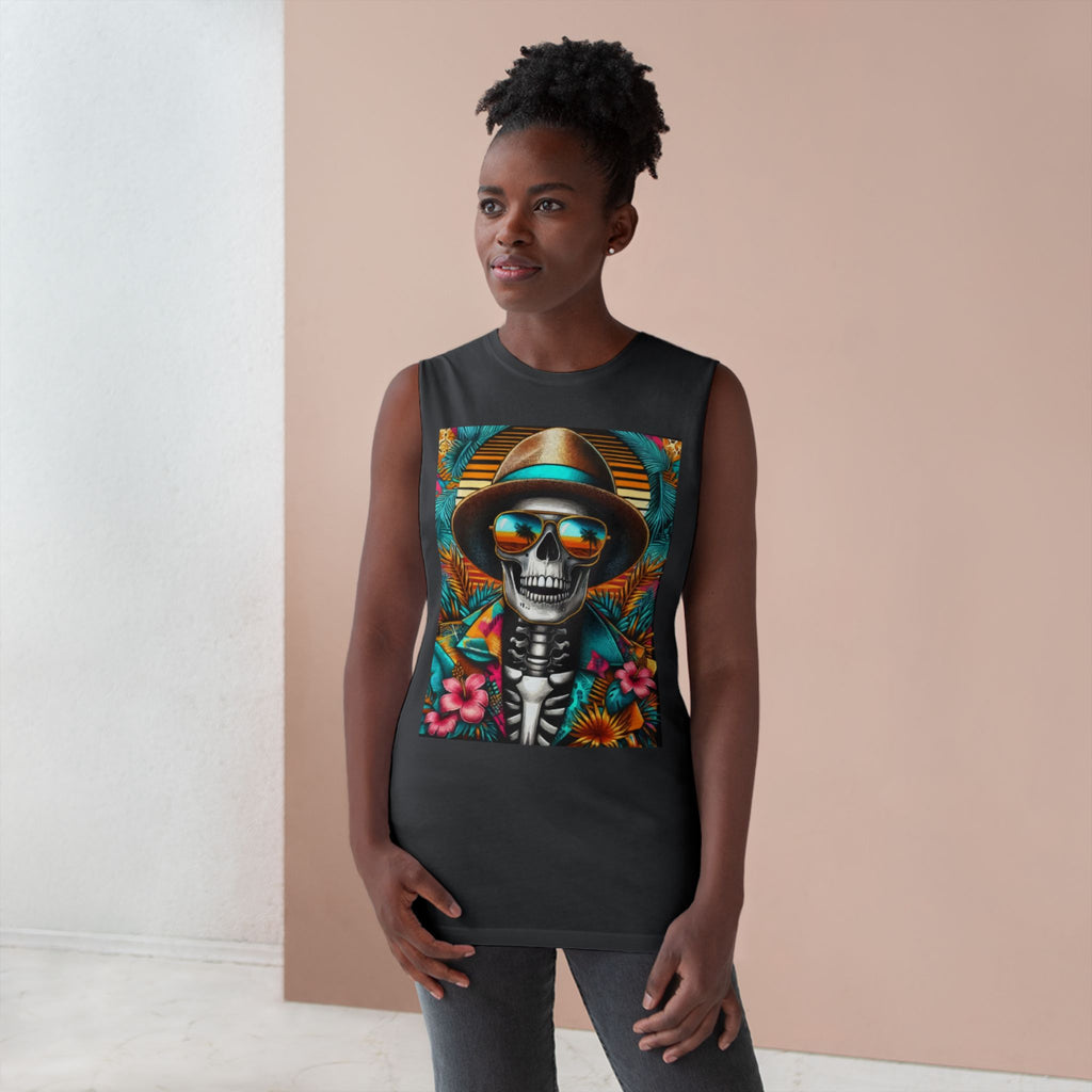 Skeleton Sun Hat Tank Top — Tropical Day of the Dead Skull Graphic Tank