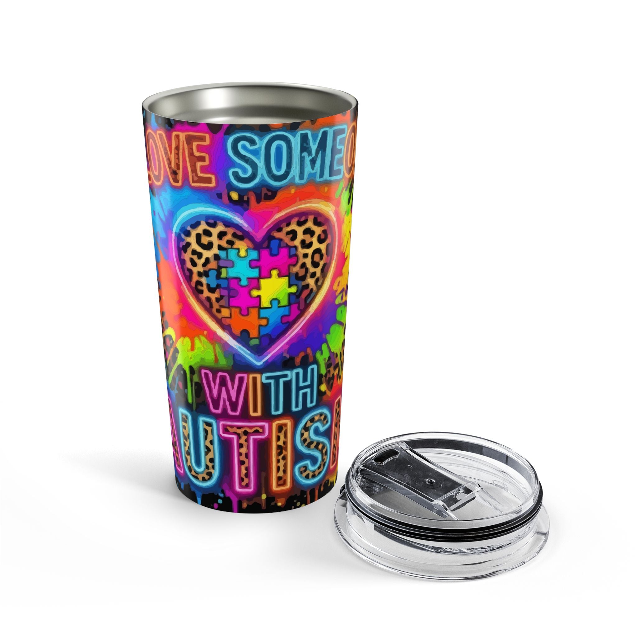 20oz Autism Awareness Tumbler — Love Someone With Autism Colorful Puzzle Heart Travel Mug