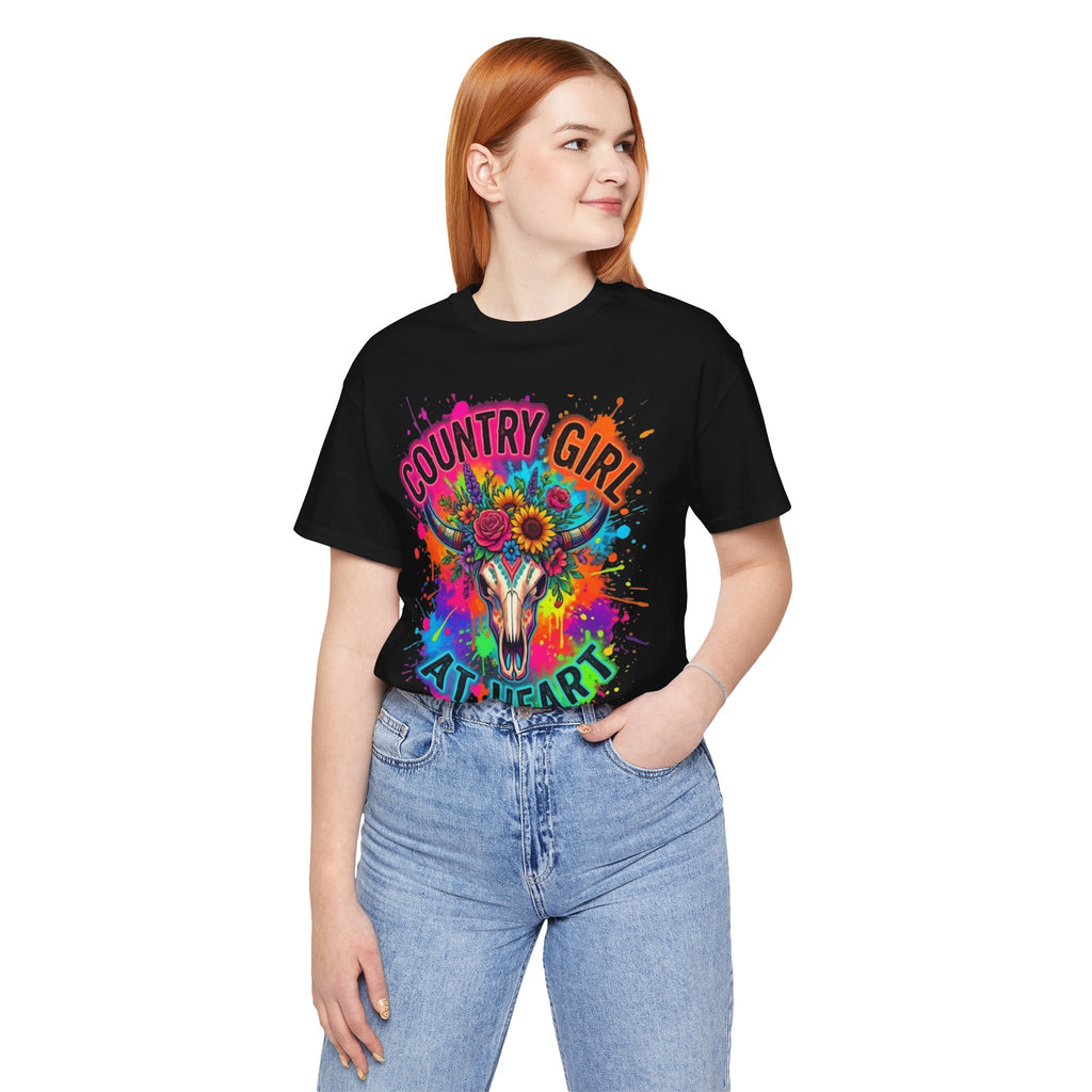 Country Girl At Heart Graphic Tee — Floral Cow Skull Colorful Western T-Shirt
