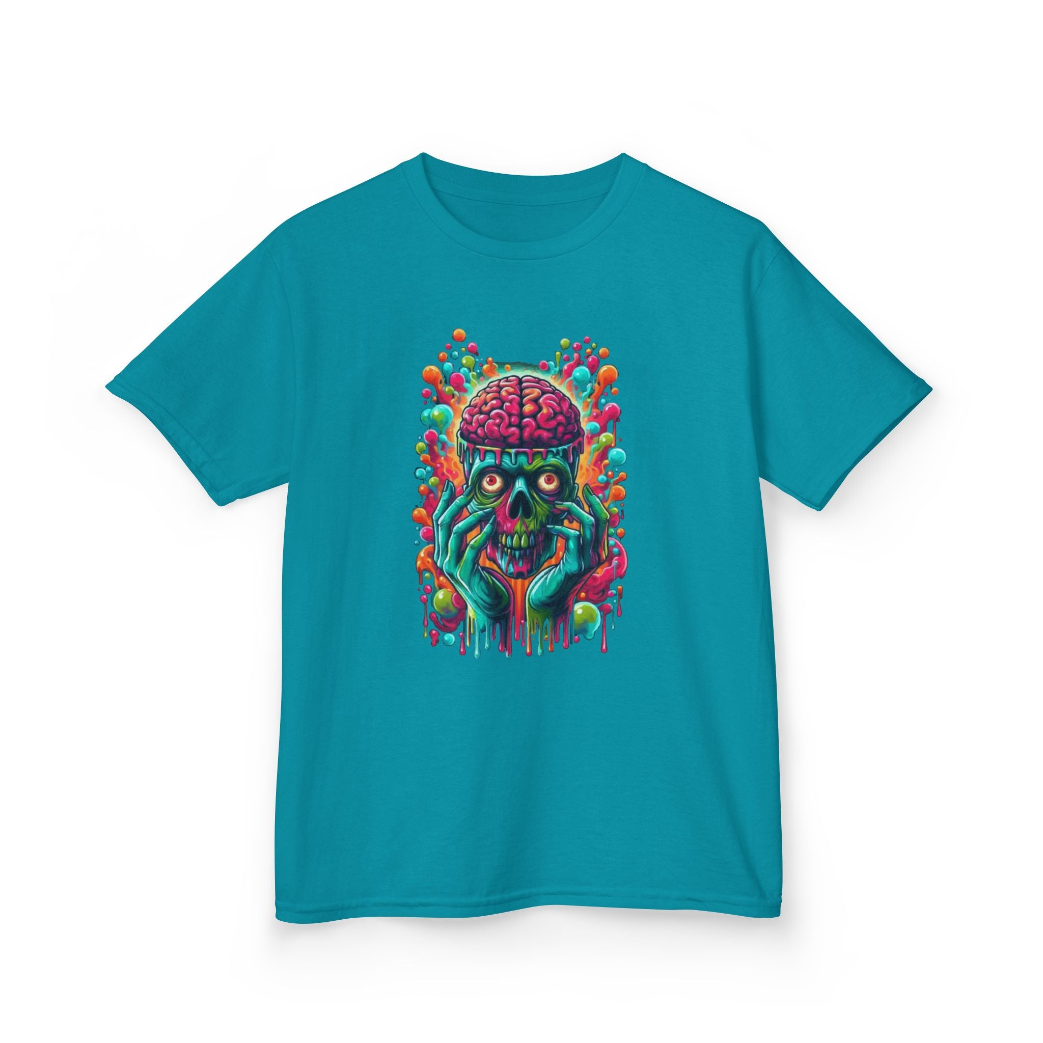Kids Tee — Neon Brain Monster Graphic T-Shirt (Glow Horror Skate Punk)