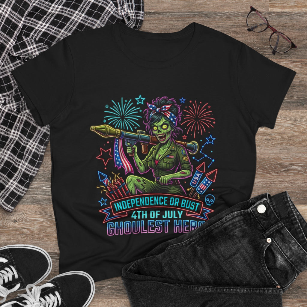 4th of July Zombie Rosie Tee — "Independence or Bust" Patriotic Horror Shirt