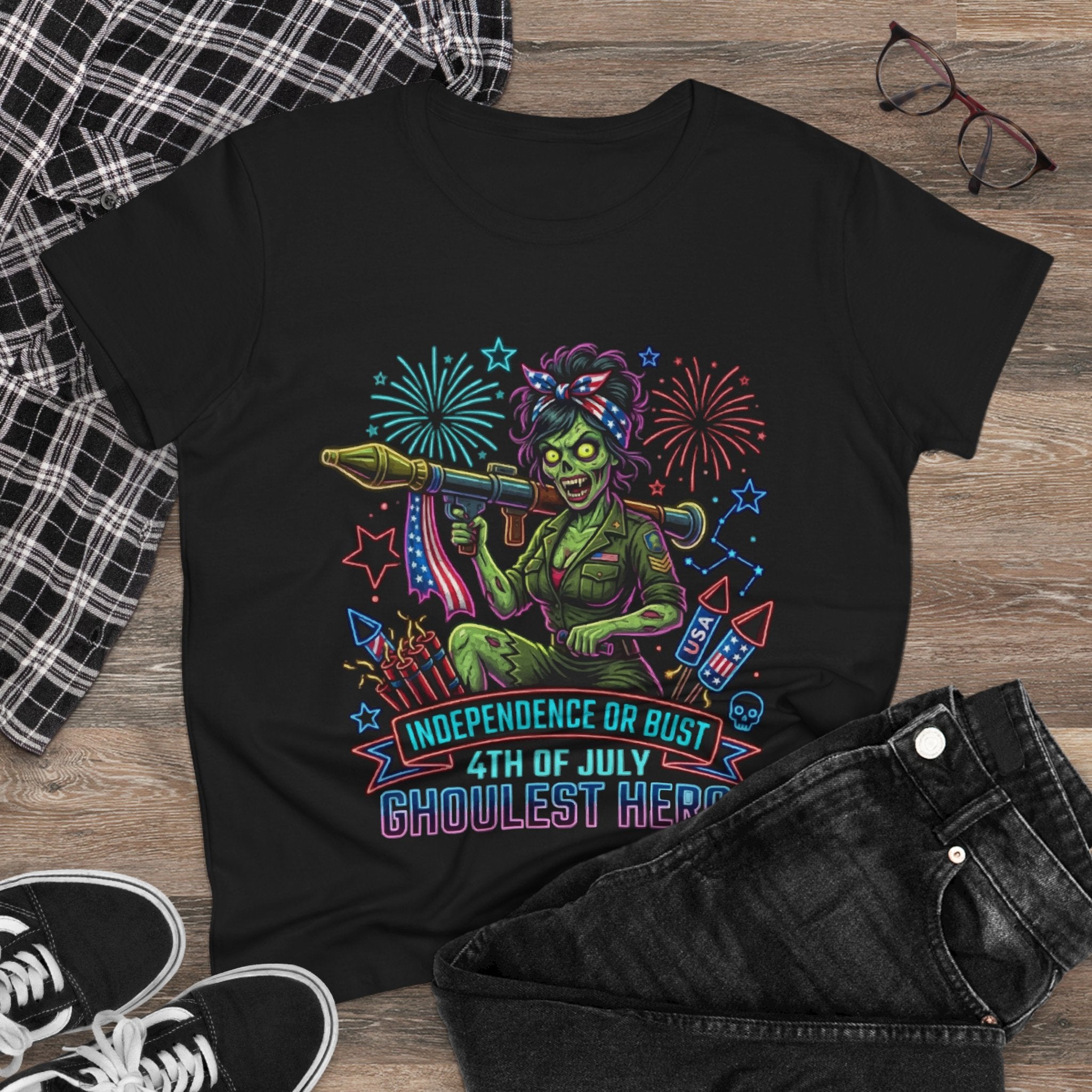 4th of July Zombie Rosie Tee — "Independence or Bust" Patriotic Horror Shirt