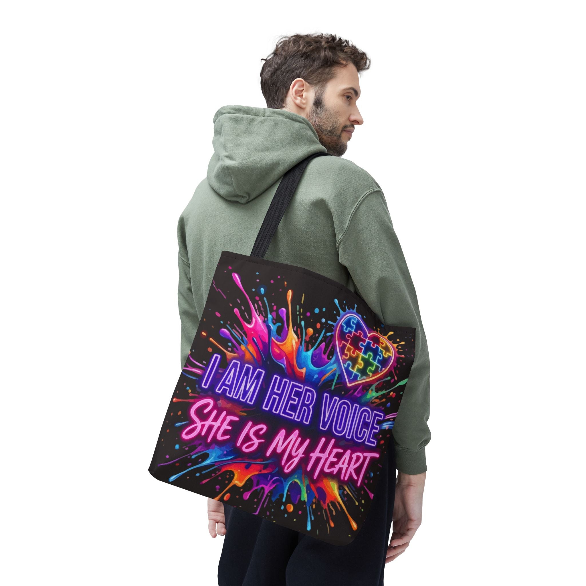 Autism Awareness Tote Bag - "I Am Her Voice, She Is My Heart" Colorful Puzzle Heart Carryall