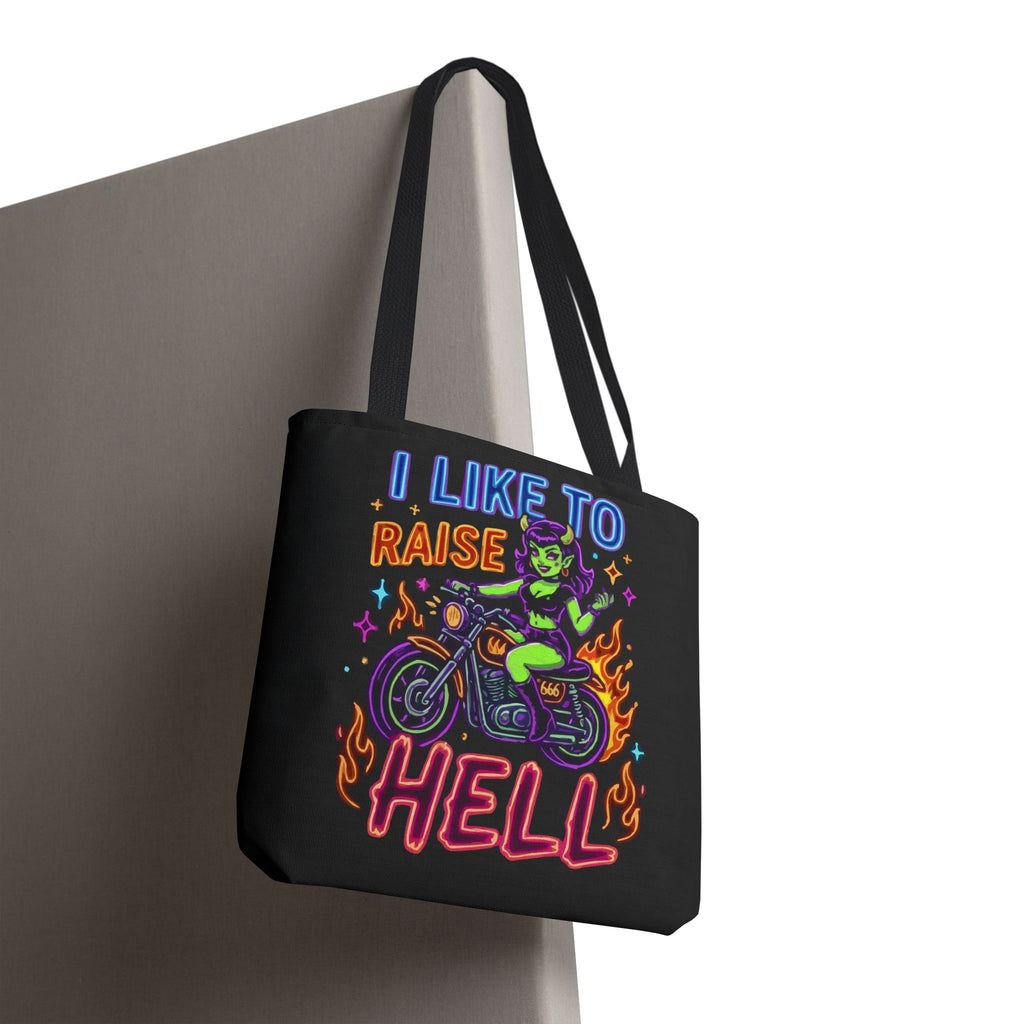 I Like to Raise Hell Motorcycle Tote Bag — Neon Biker Cat Graphic
