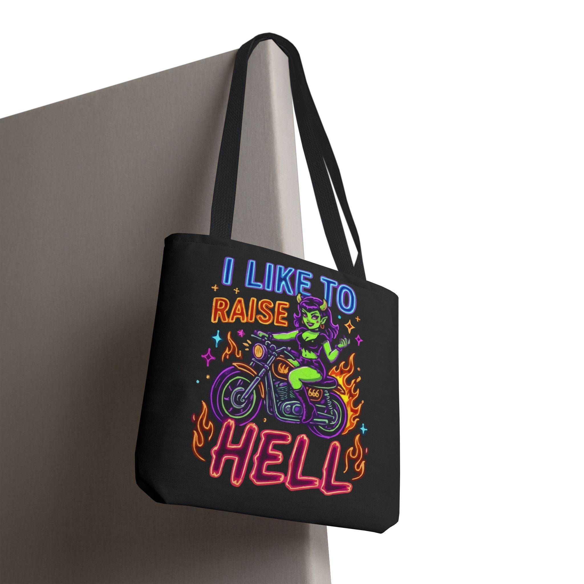 I Like to Raise Hell Motorcycle Tote Bag — Neon Biker Cat Graphic
