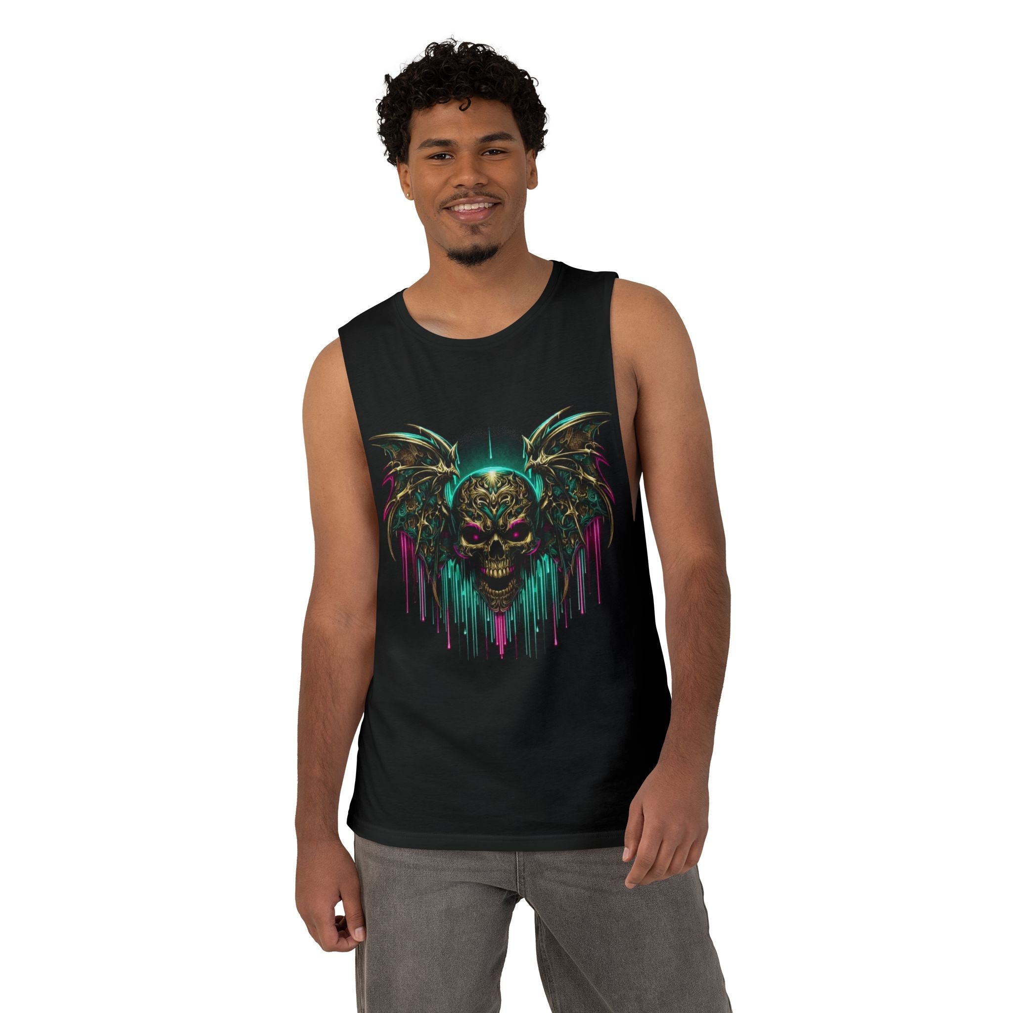 Neon Gothic Skull Tank Top — Dripping Winged Skull Graphic