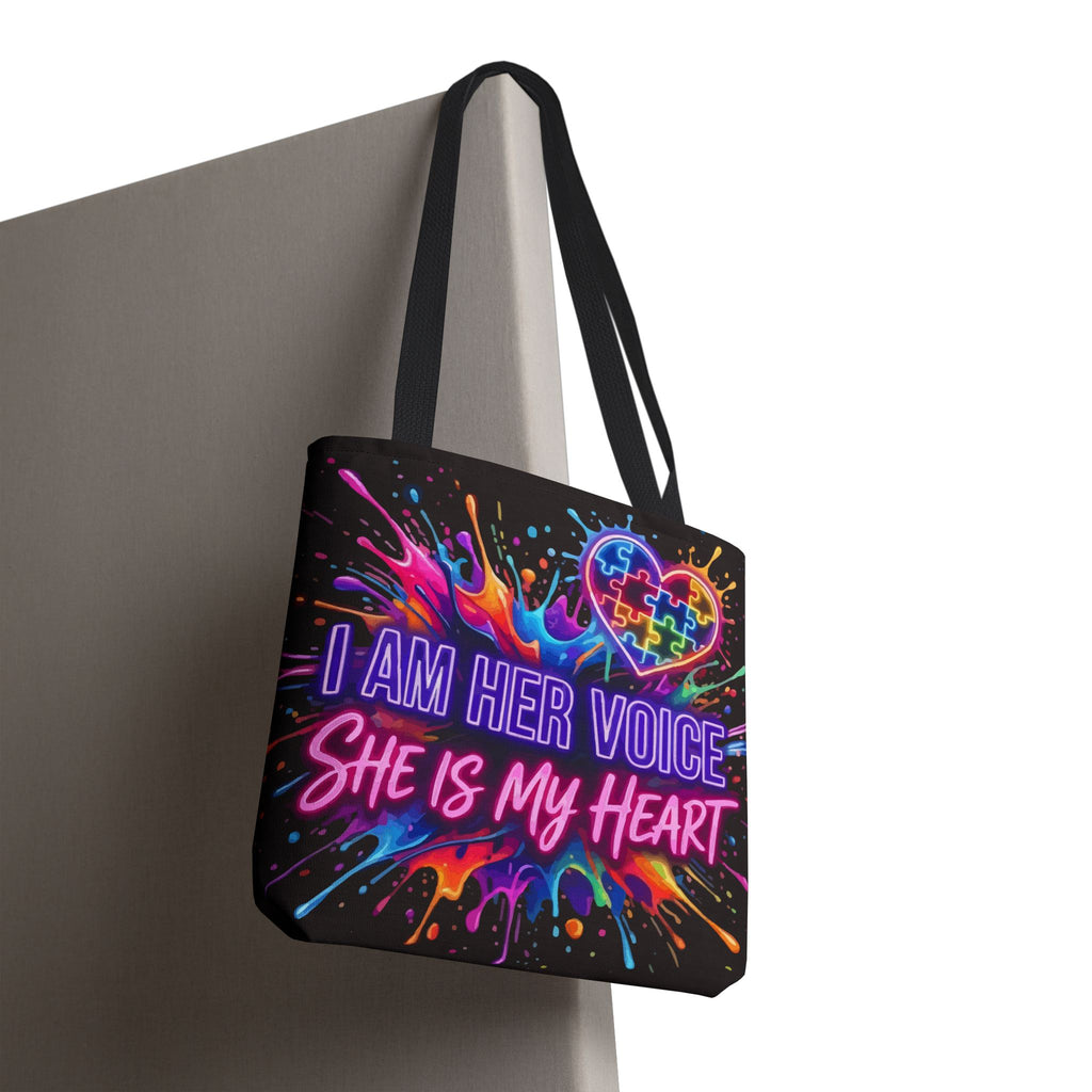 Autism Awareness Tote Bag - "I Am Her Voice, She Is My Heart" Colorful Puzzle Heart Carryall