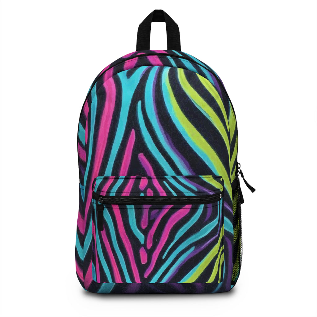 Neon Zebra Stripes Backpack — Colorful Gradient Animal Print School Bag