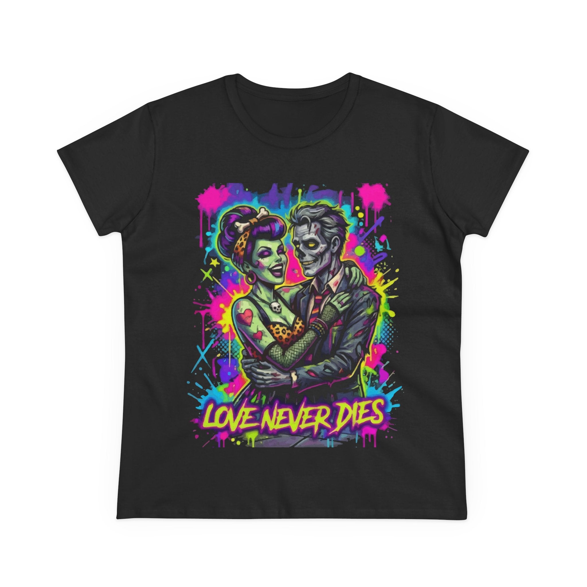 Women's Tee — Neon Zombie Couple "Love Never Dies" Graphic