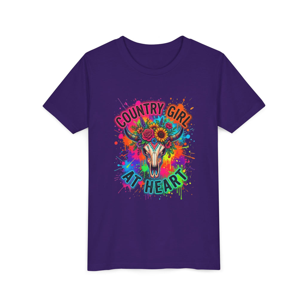 Youth Tee — "Country Girl at Heart" Colorful Cow Skull Graphic