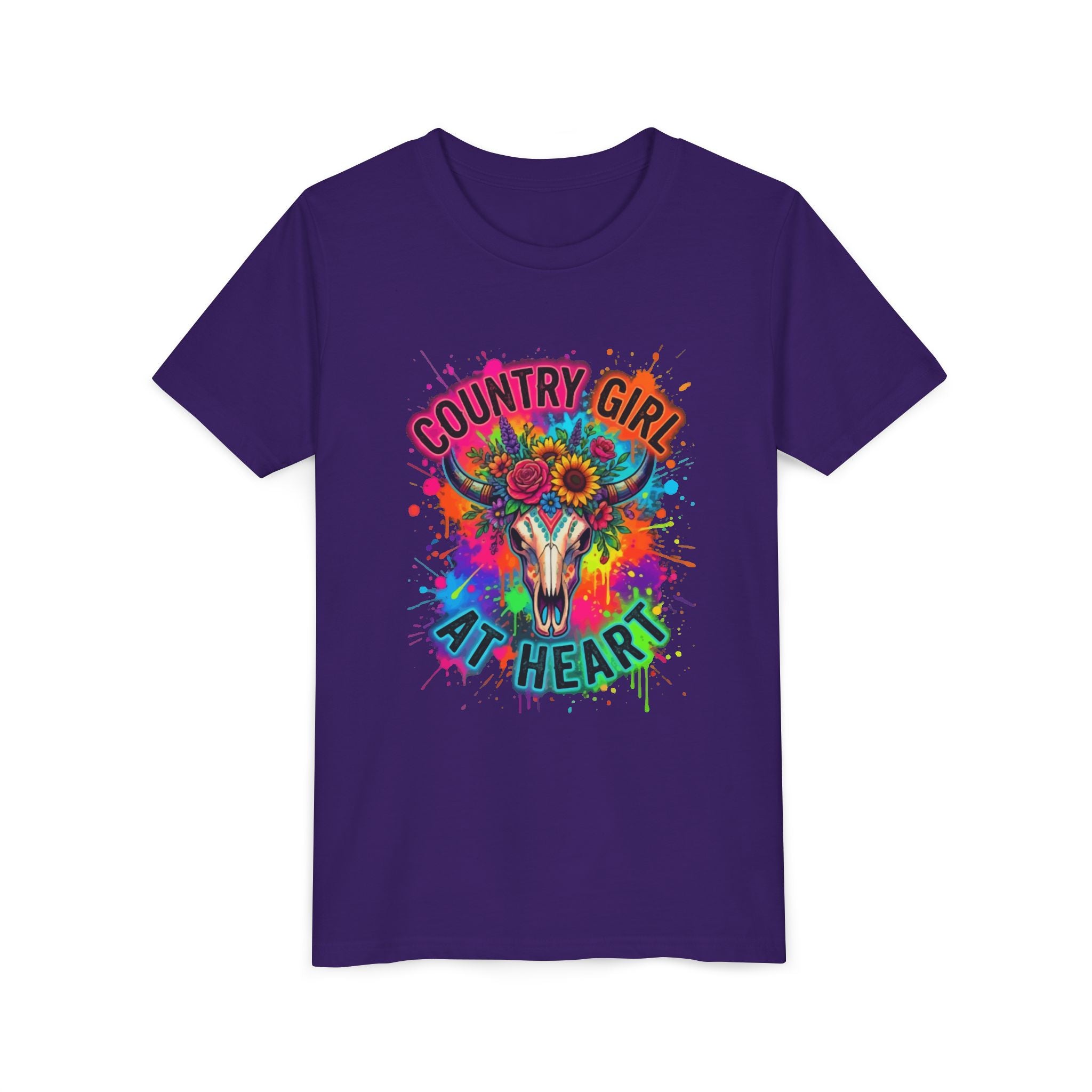 Youth Tee — "Country Girl at Heart" Colorful Cow Skull Graphic