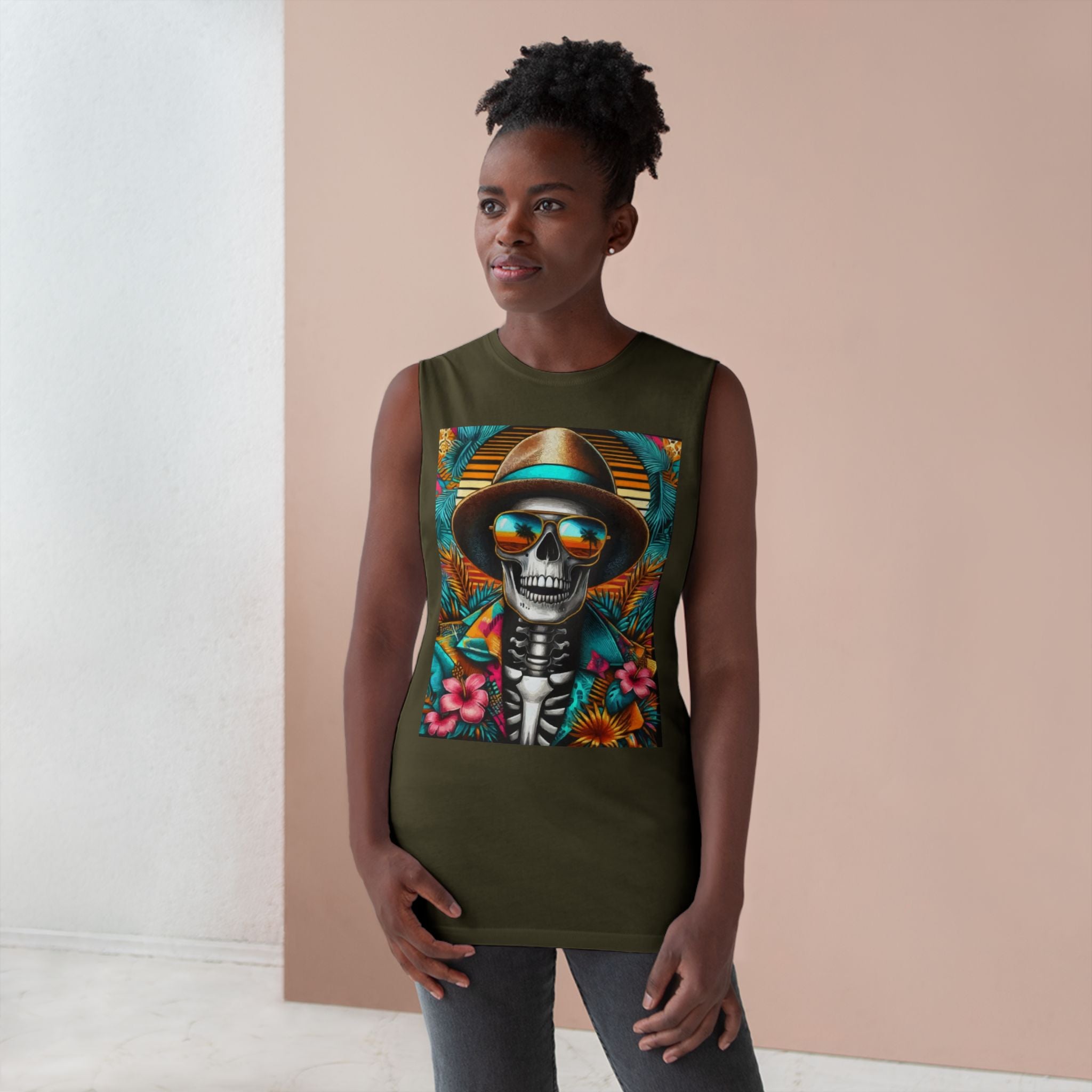 Skeleton Sun Hat Tank Top — Tropical Day of the Dead Skull Graphic Tank