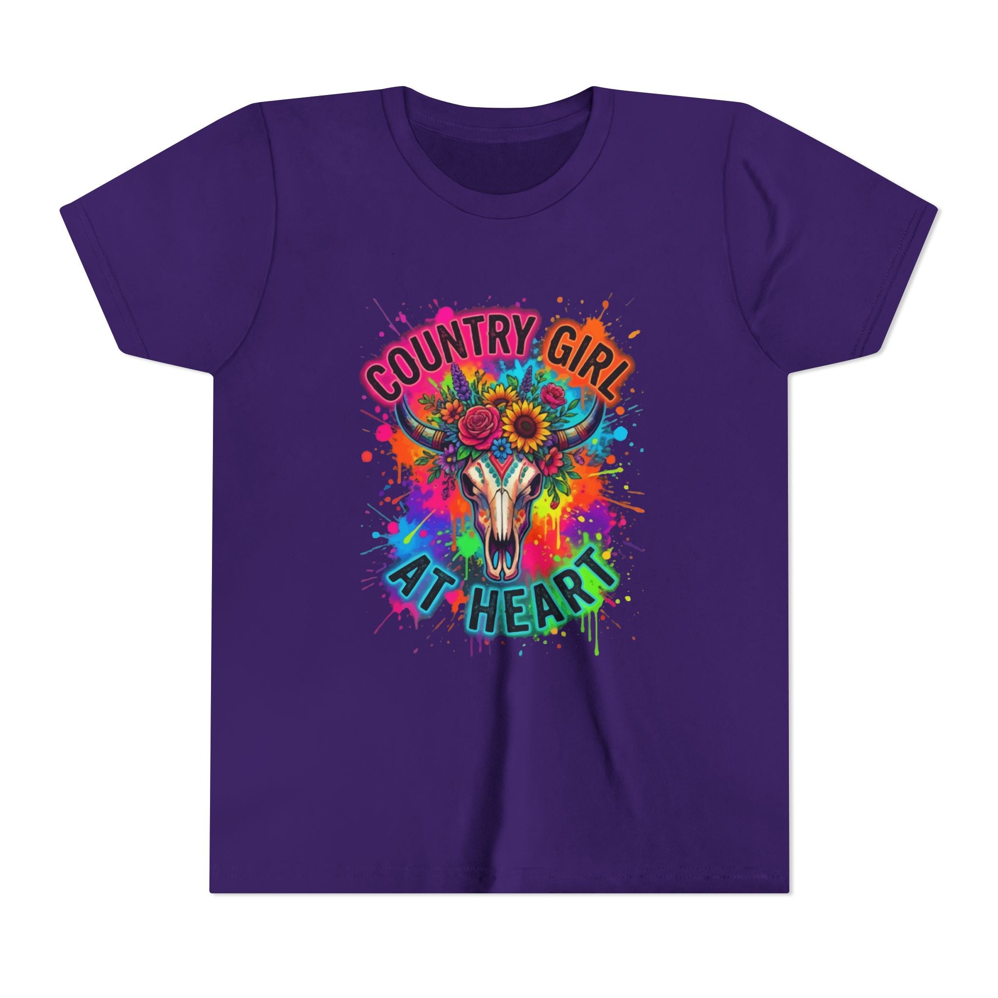 Youth Tee — "Country Girl at Heart" Colorful Cow Skull Graphic