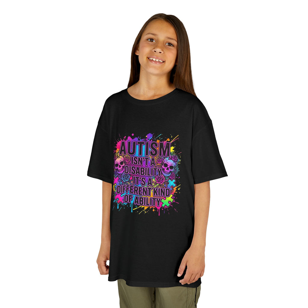 Kids Autism Pride T-Shirt — "Autism Isn’t a Disability, It’s a Different Kind of Ability" Colorful Puzzle Design