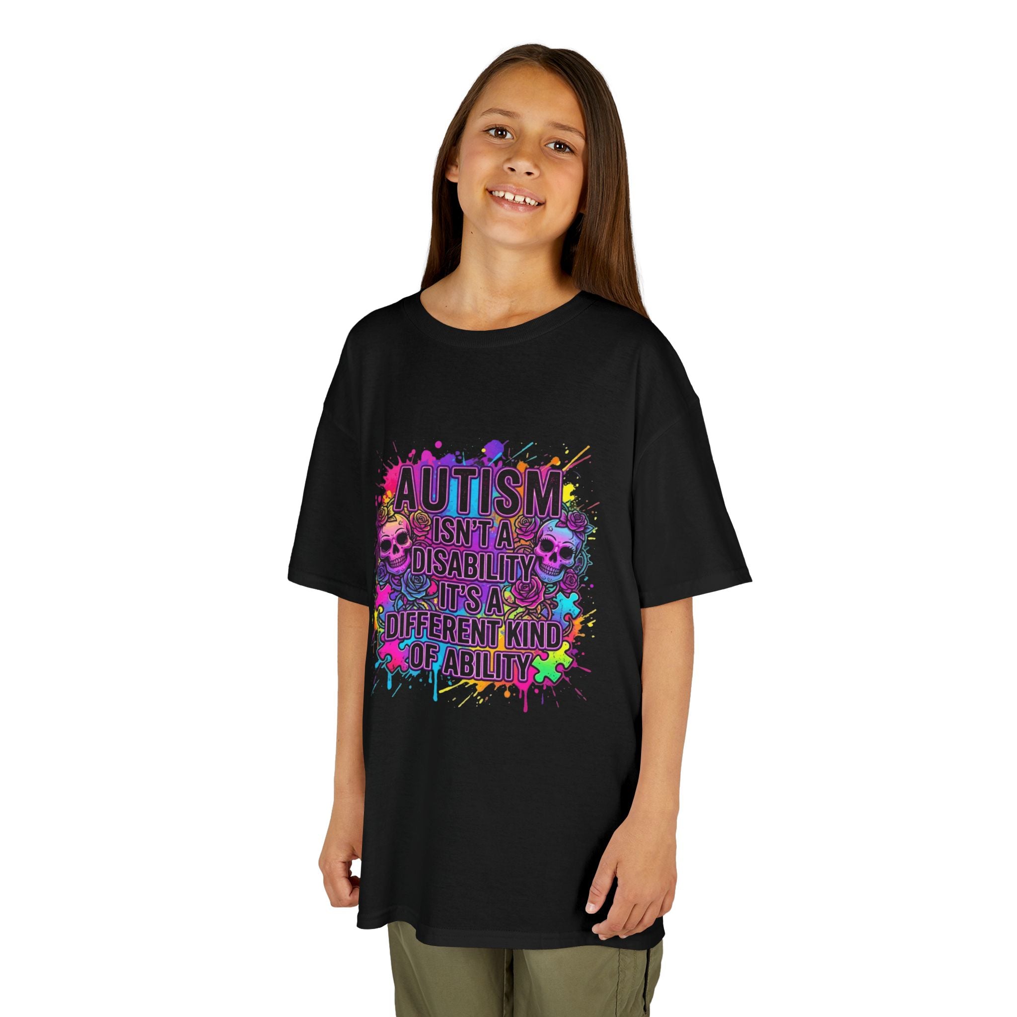 Kids Autism Pride T-Shirt — "Autism Isn’t a Disability, It’s a Different Kind of Ability" Colorful Puzzle Design