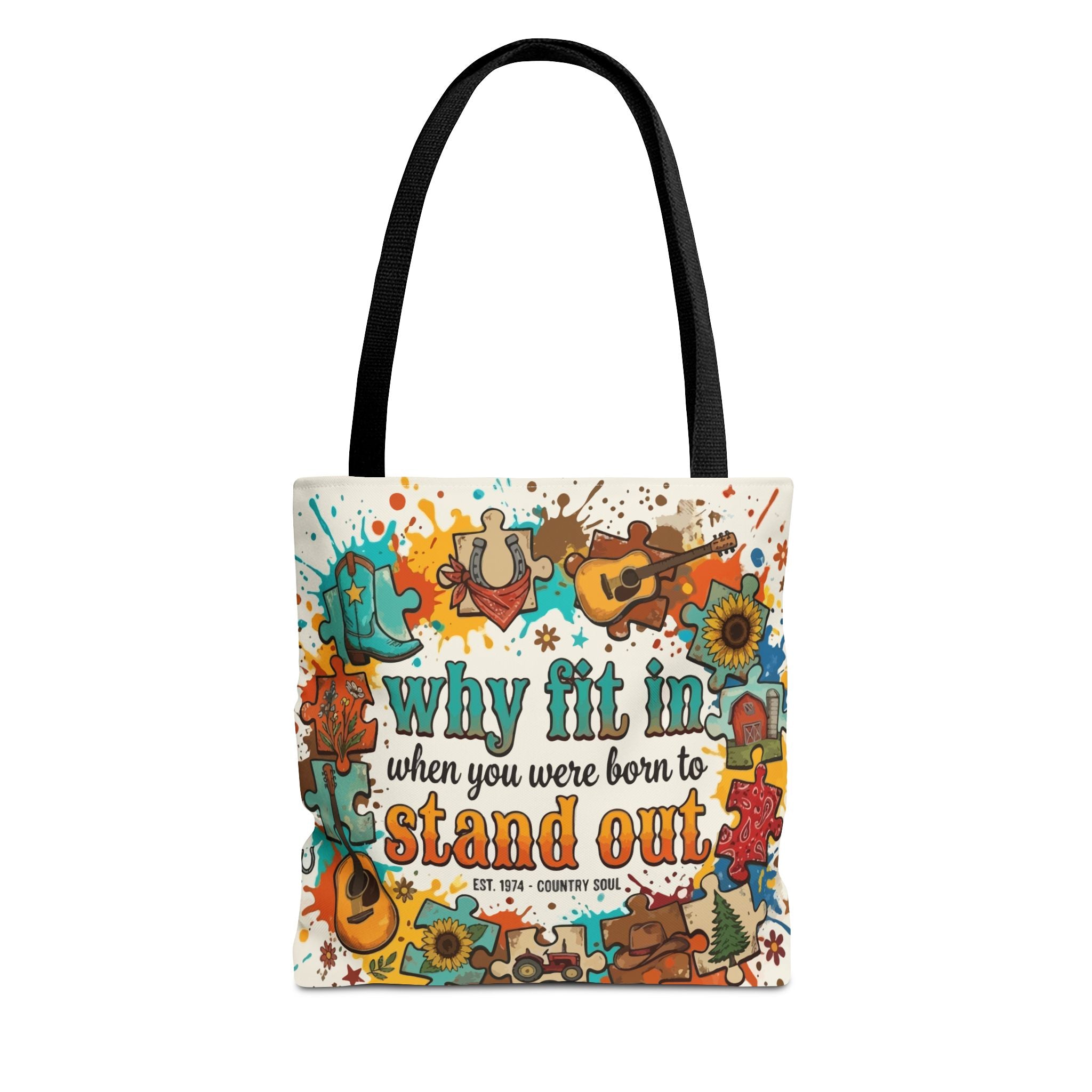 Stand Out Tote Bag — "Why Fit In When You Were Born to Stand Out" Colorful Boho Guitar Design