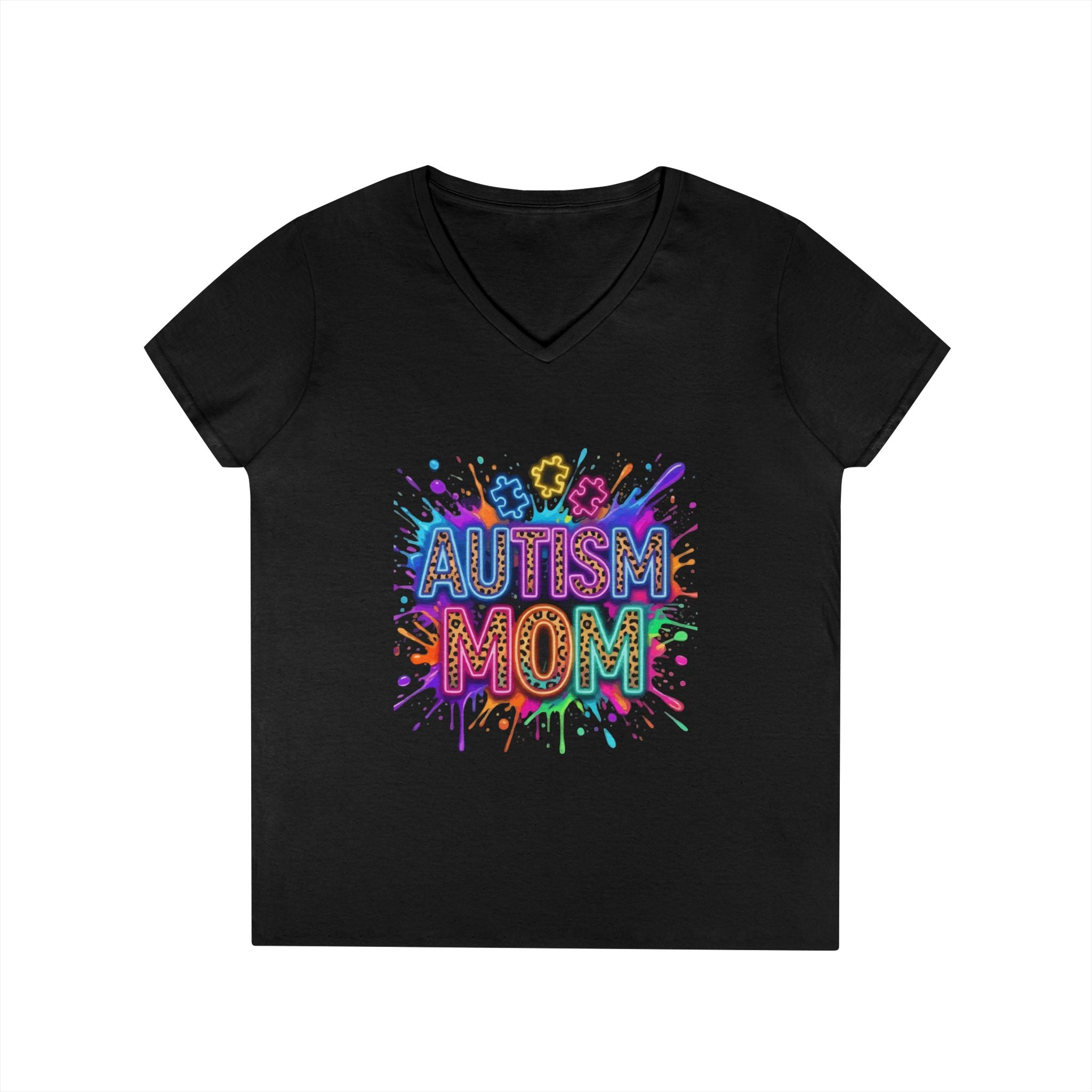 Autism Mom V-Neck T-Shirt – Colorful Puzzle Splash Tee for Proud Moms