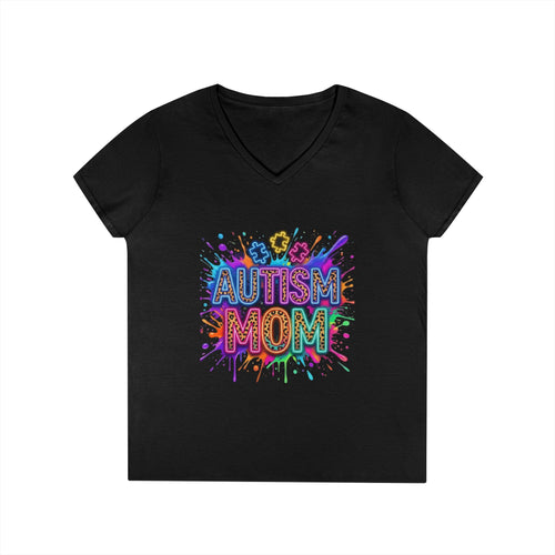 Autism Mom V-Neck T-Shirt – Colorful Puzzle Splash Tee for Proud Moms