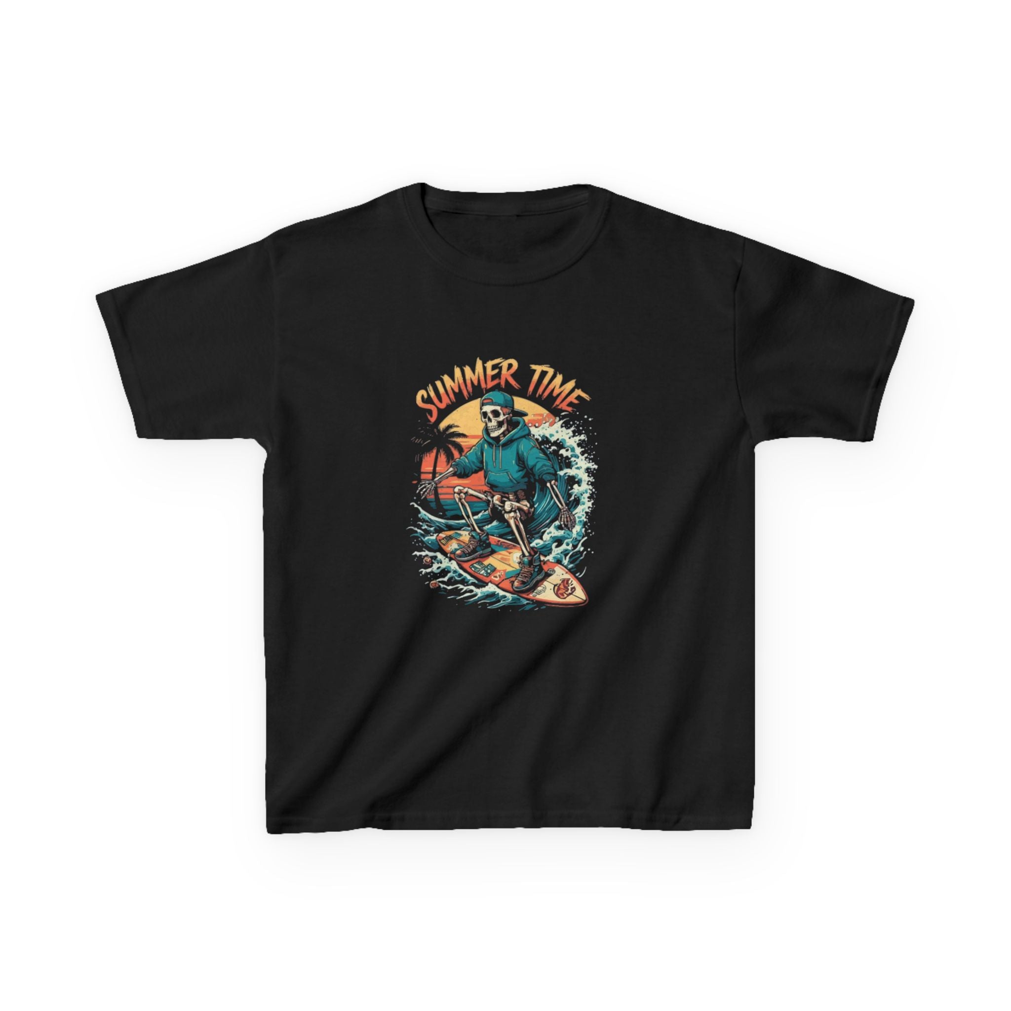 Kids Tee – “Summer Time” Surfing Skeleton Graphic Tee – Cool Beach Vibes for Kids