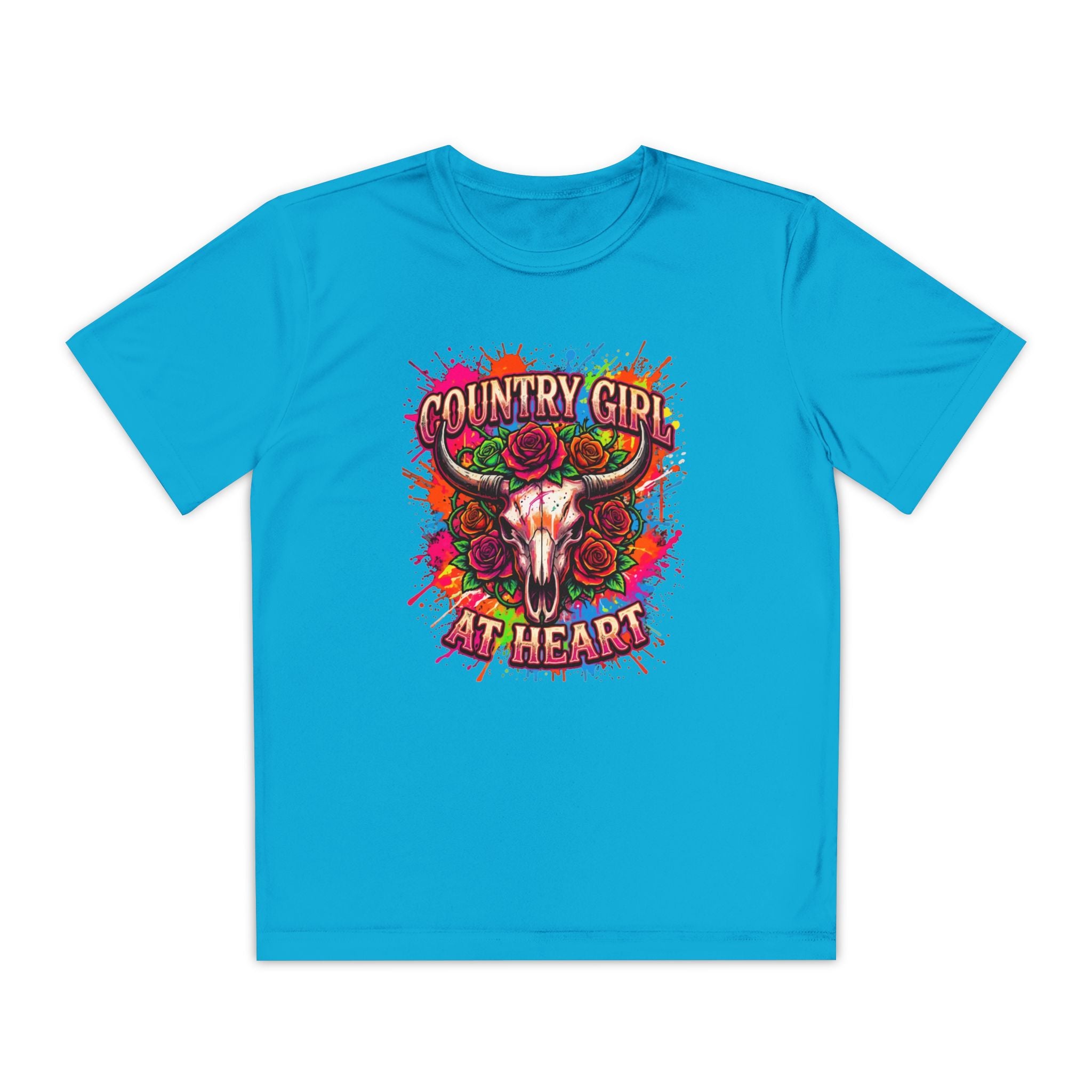 Youth T-Shirt — "Country Girl at Heart" Floral Bull Skull Graphic