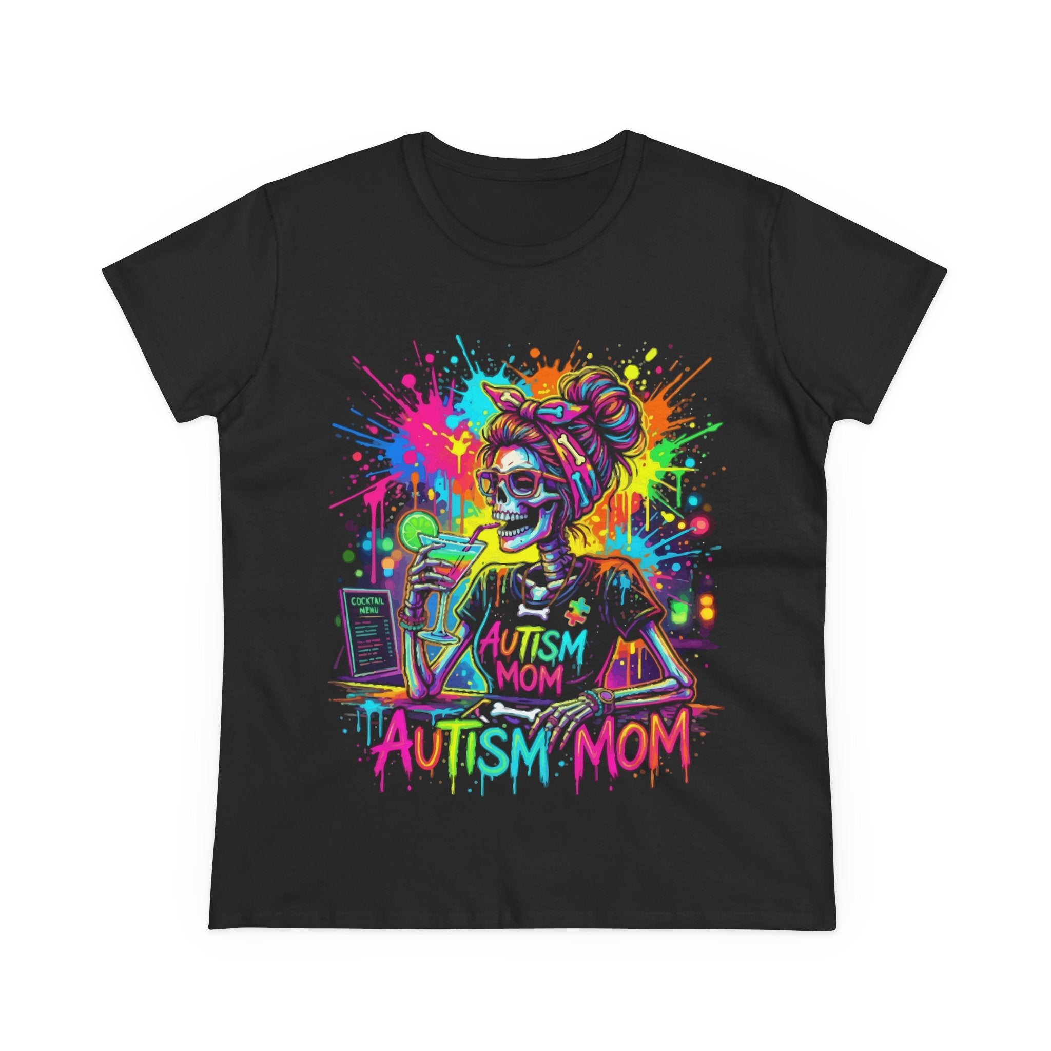 Autism Mom T-Shirt — Colorful Neon Skull Mom Support Tee