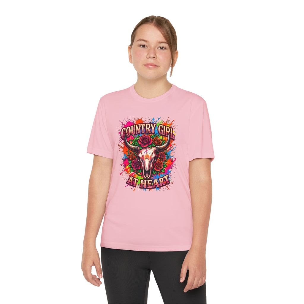 Youth T-Shirt — "Country Girl at Heart" Floral Bull Skull Graphic