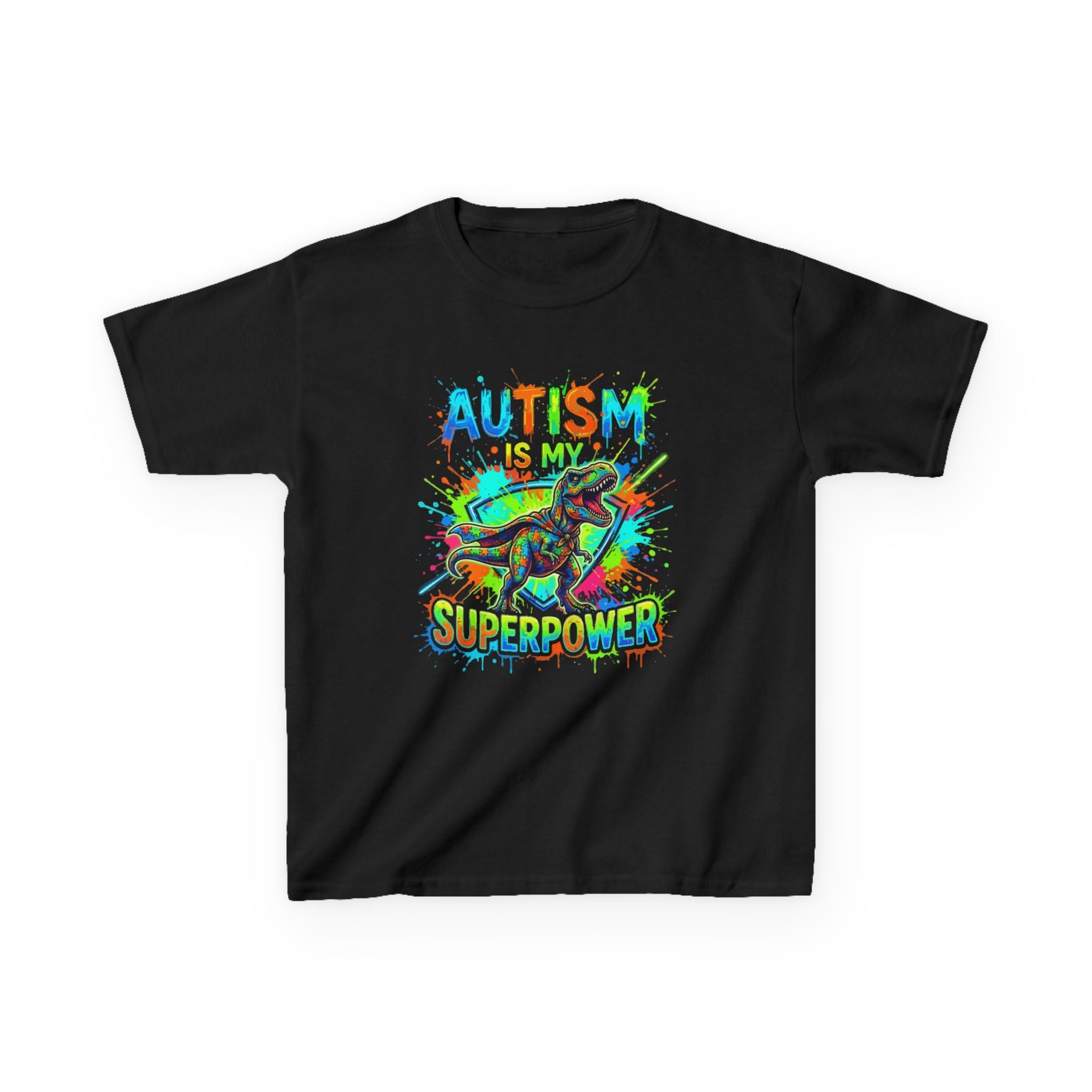 Kids Tee — 'Autism Is My Superpower' Colorful Dino Design