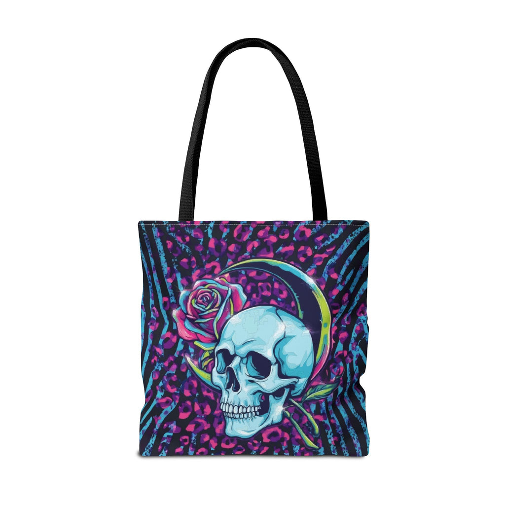 Skull & Rose Tote Bag — Neon Gothic Crescent Moon AOP Tote