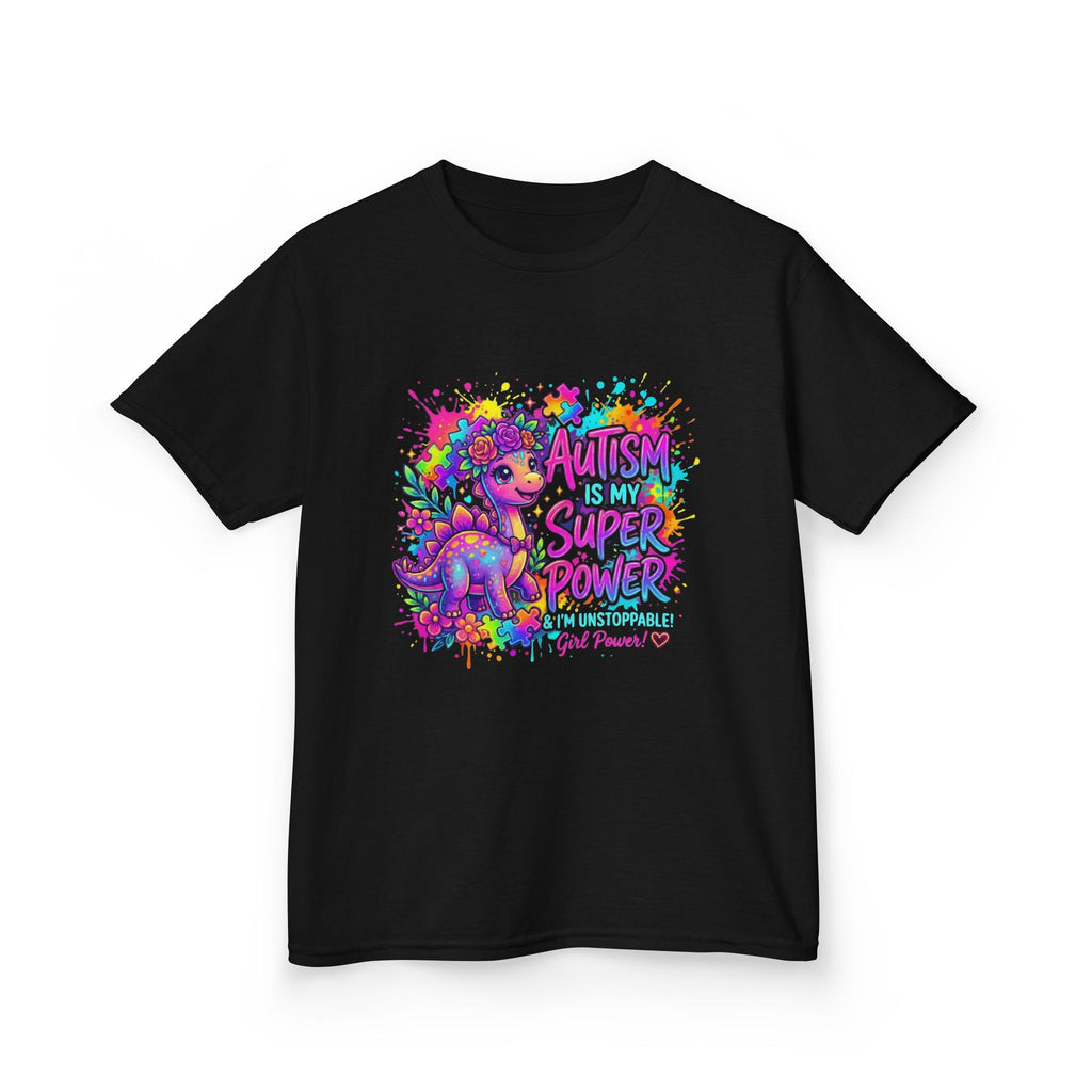 Kids Tee — "Autism Is My Superpower" Colorful Dino Autism Awareness Shirt