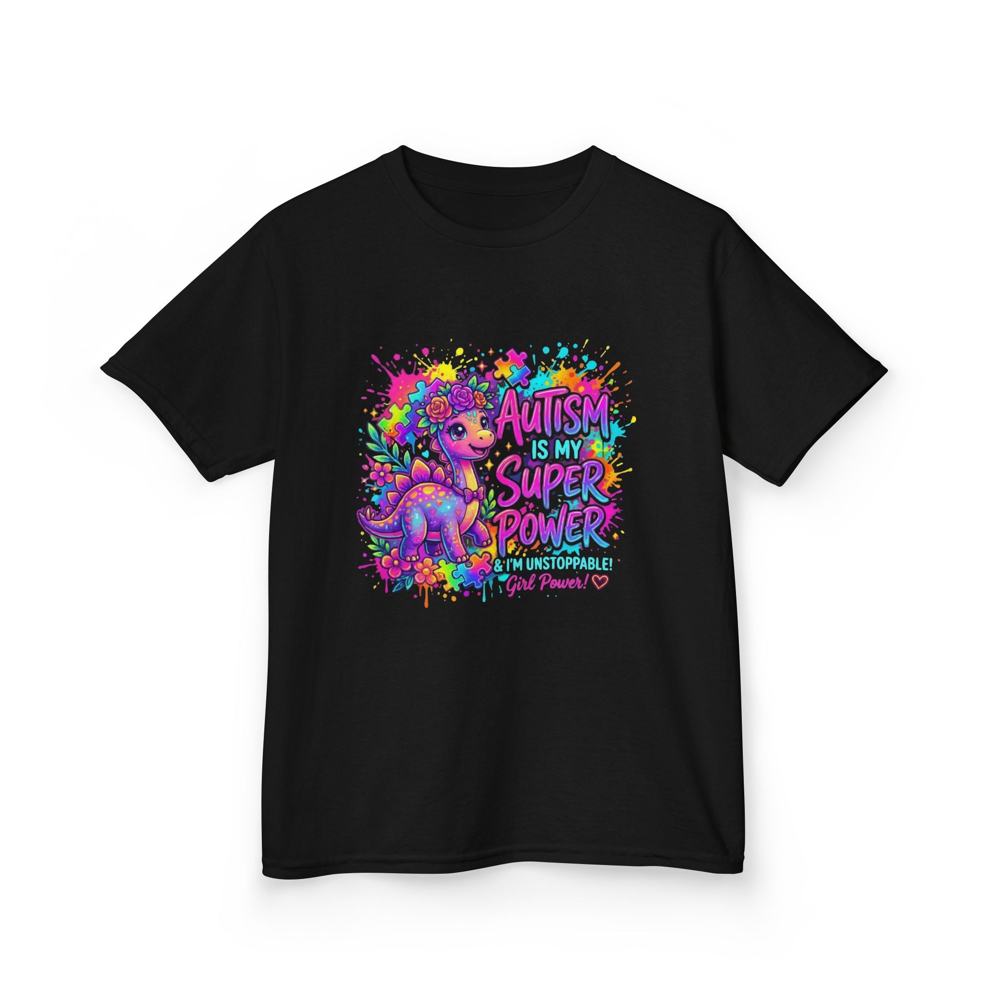 Kids Tee — "Autism Is My Superpower" Colorful Dino Autism Awareness Shirt