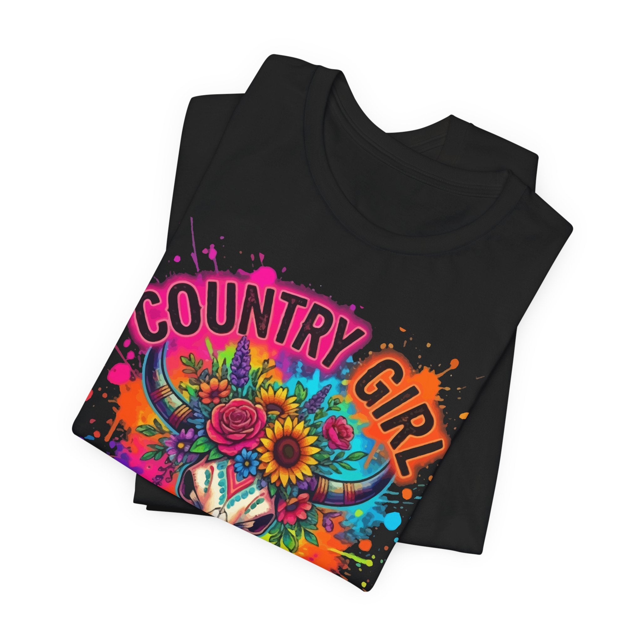Country Girl At Heart Graphic Tee — Floral Cow Skull Colorful Western T-Shirt