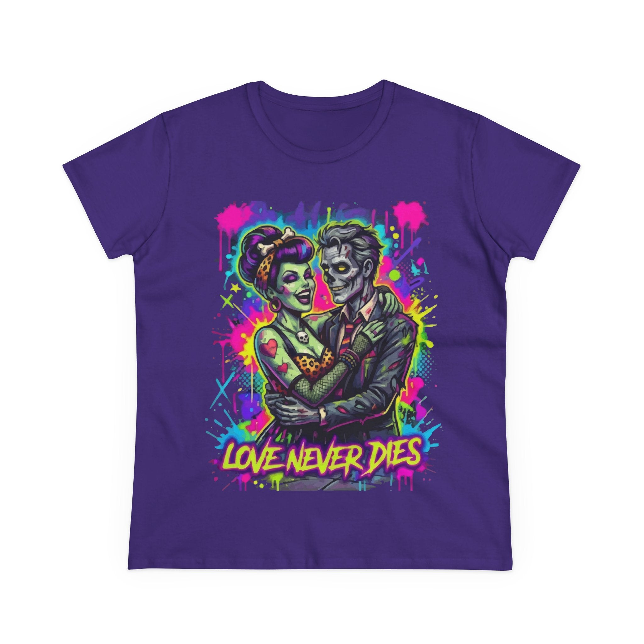 Women's Tee — Neon Zombie Couple "Love Never Dies" Graphic