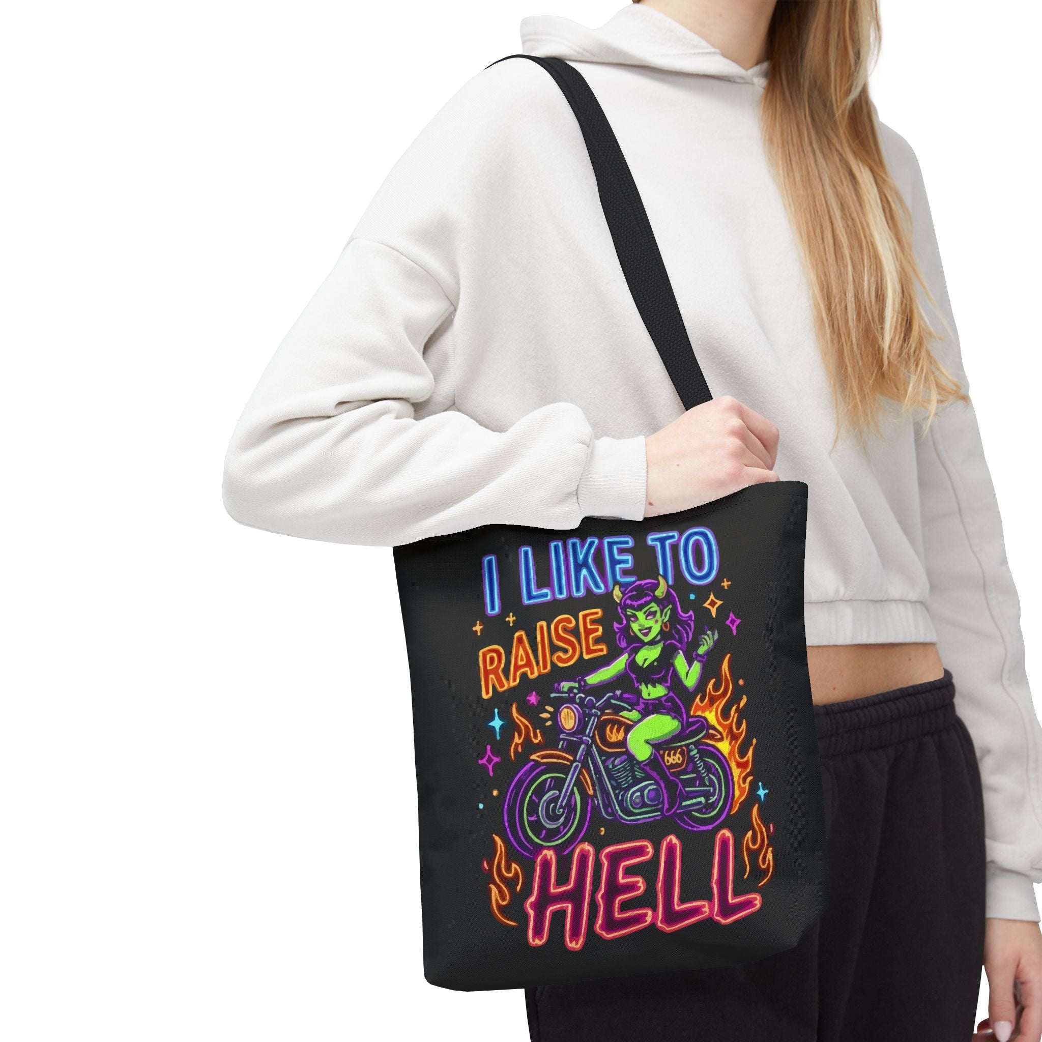 I Like to Raise Hell Motorcycle Tote Bag — Neon Biker Cat Graphic