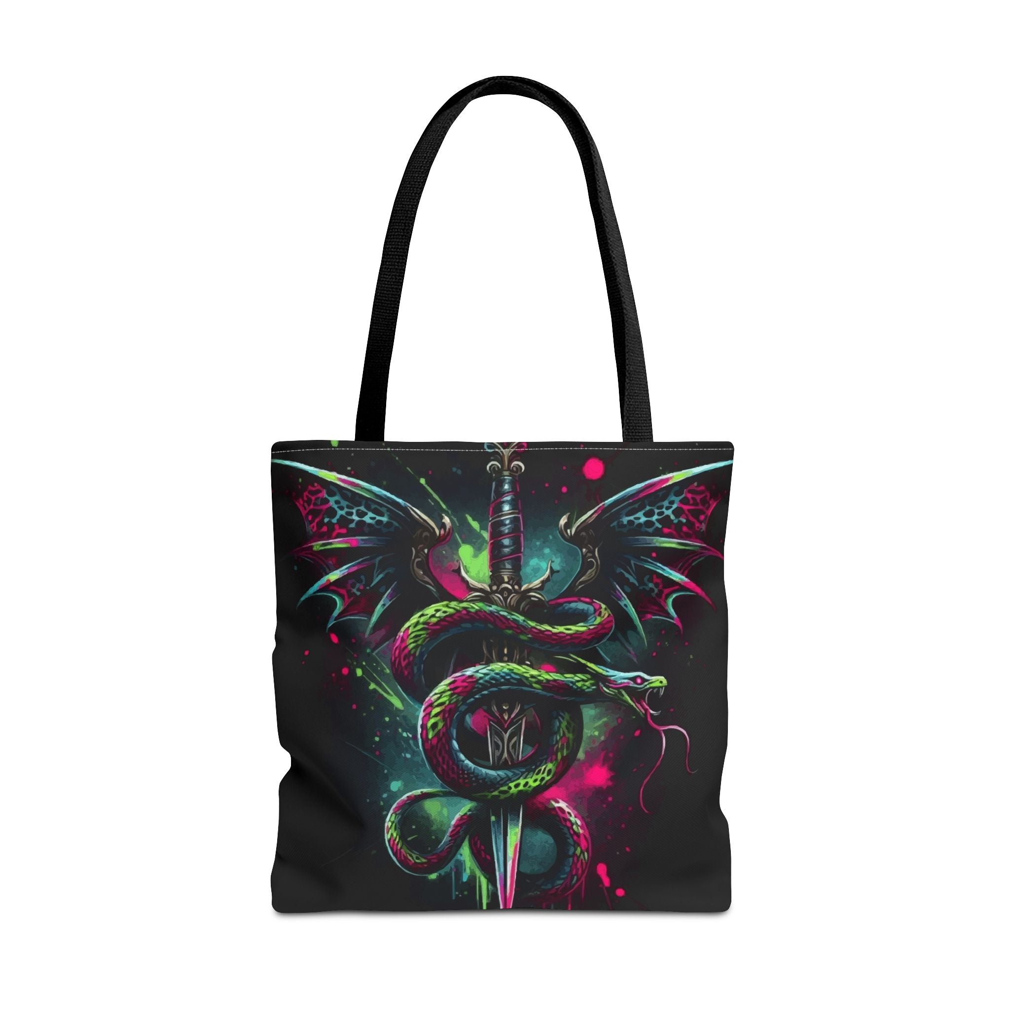 Dragon Dagger Tote Bag — Neon Gothic Snake & Wings All-Over Print
