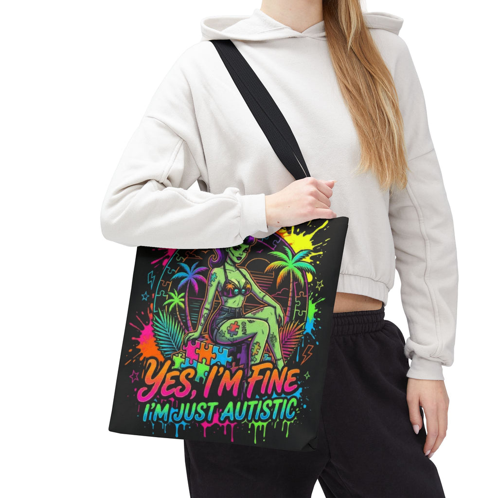 Autistic Pride Tote Bag — “Yes, I’m Fine, I’m Just Autistic” Neon Pinup Tote