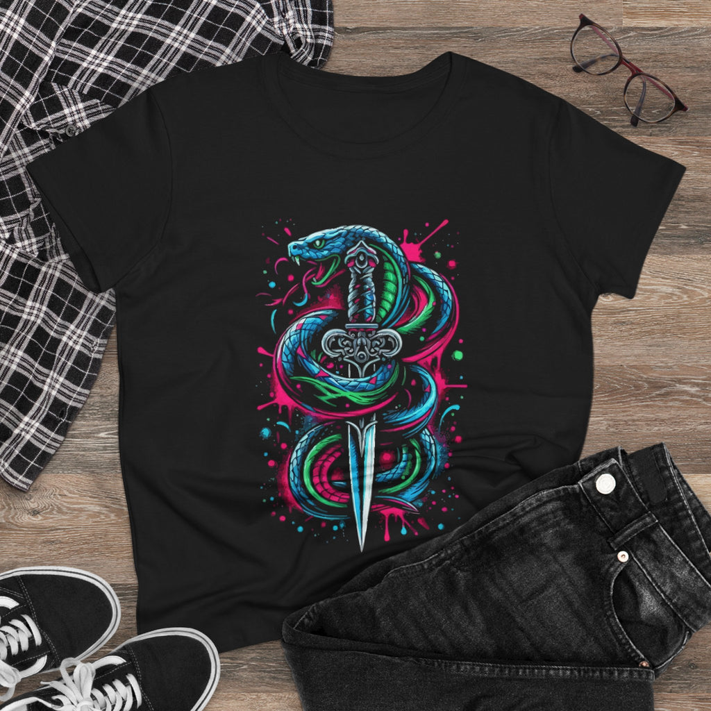 Snake Dagger Women's Tee – Neon Cobra Sword Graphic T-Shirt