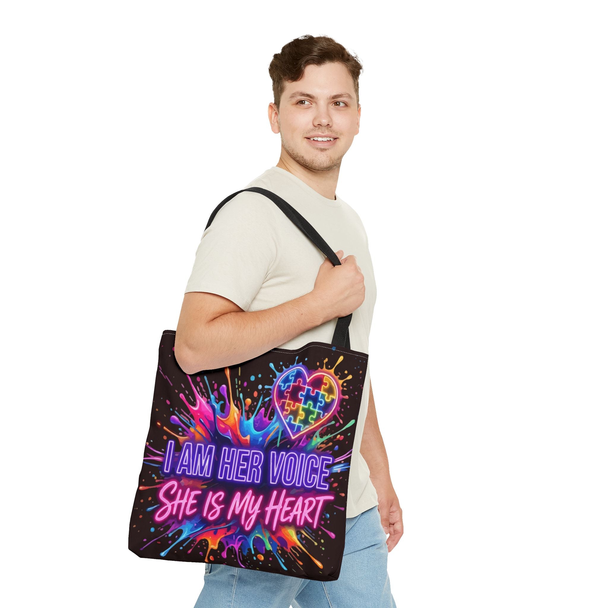 Autism Awareness Tote Bag - "I Am Her Voice, She Is My Heart" Colorful Puzzle Heart Carryall
