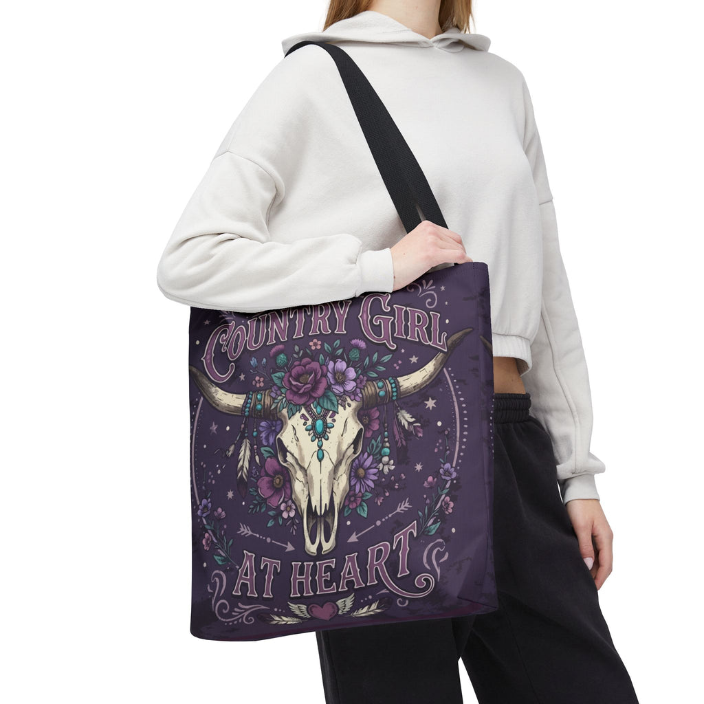 Country Girl at Heart Tote Bag — Floral Bull Skull All-Over Print