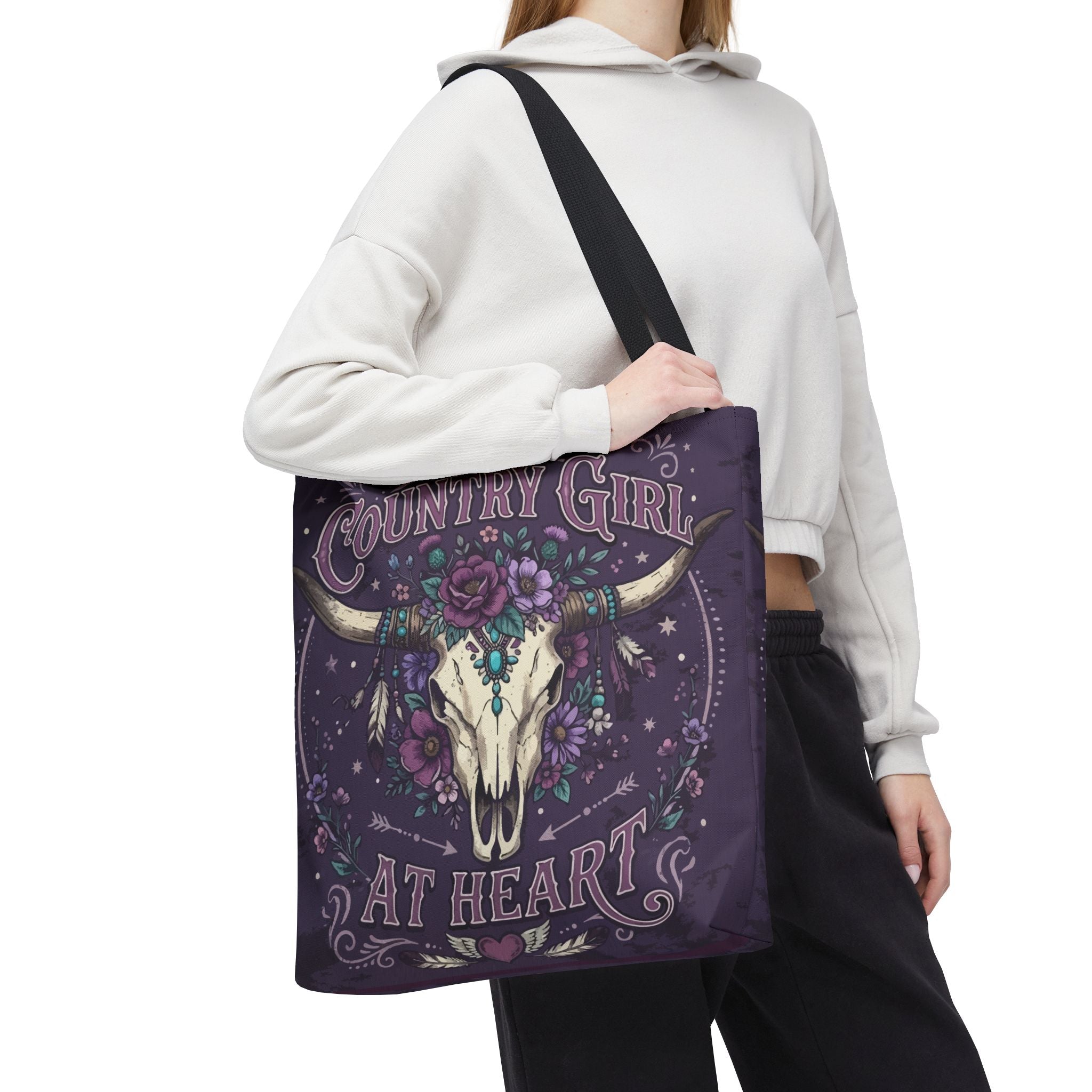 Country Girl at Heart Tote Bag — Floral Bull Skull All-Over Print