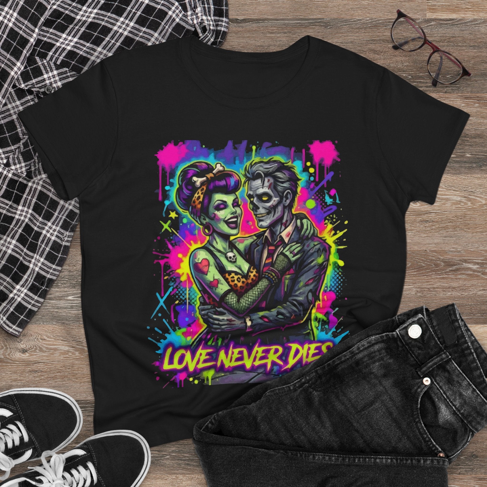 Women's Tee — Neon Zombie Couple "Love Never Dies" Graphic