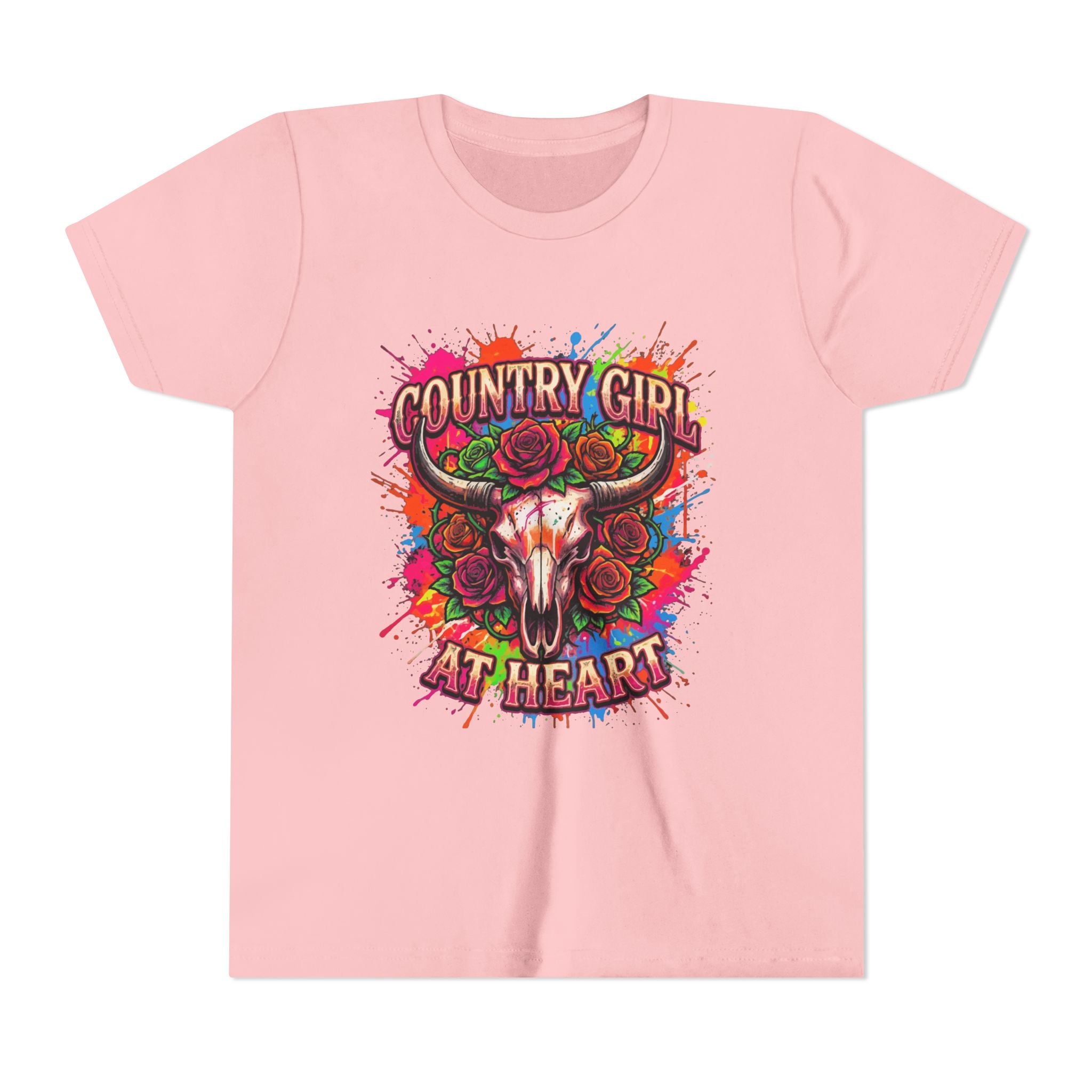 Youth Tee - "Country Girl at Heart" Colorful Bull Skull Graphic