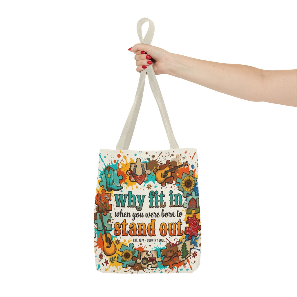 Stand Out Tote Bag — "Why Fit In When You Were Born to Stand Out" Colorful Boho Guitar Design