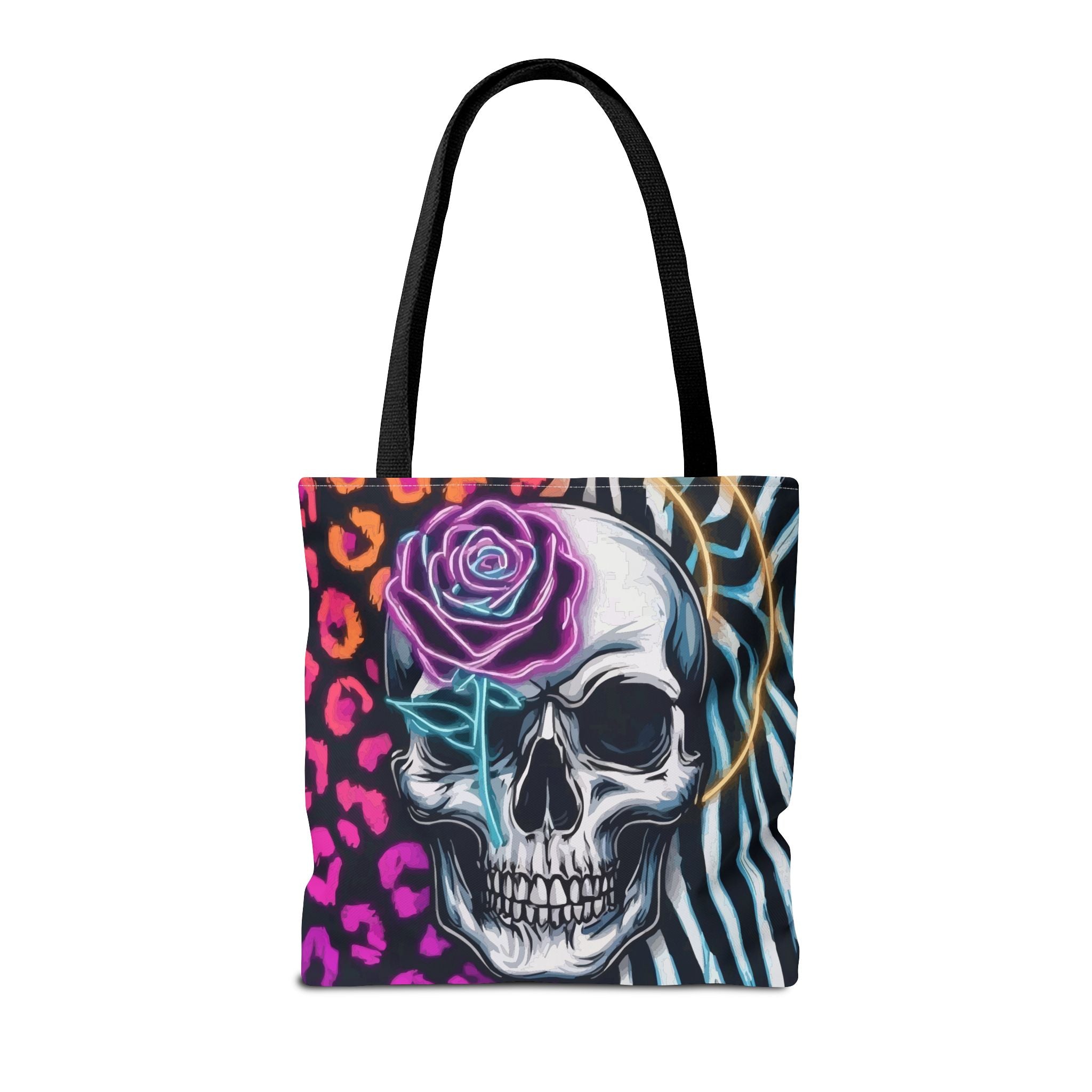 Skull & Rose Pattern Tote Bag — Neon Animal Print All-Over Tote