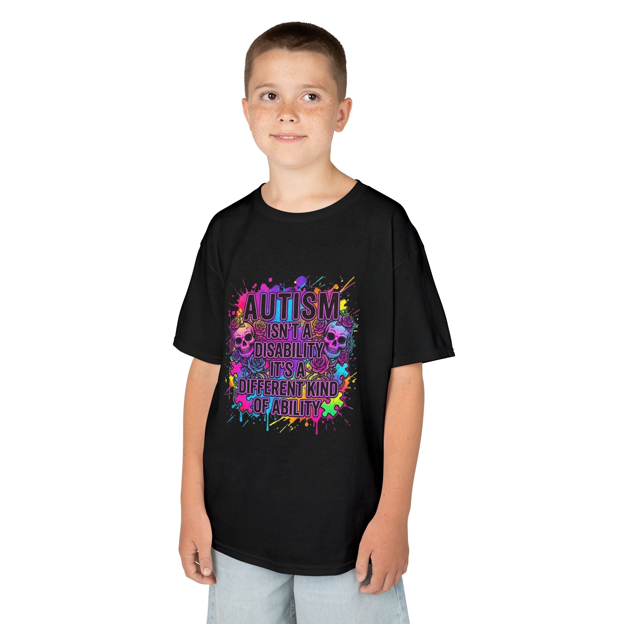 Kids Autism Pride T-Shirt — "Autism Isn’t a Disability, It’s a Different Kind of Ability" Colorful Puzzle Design