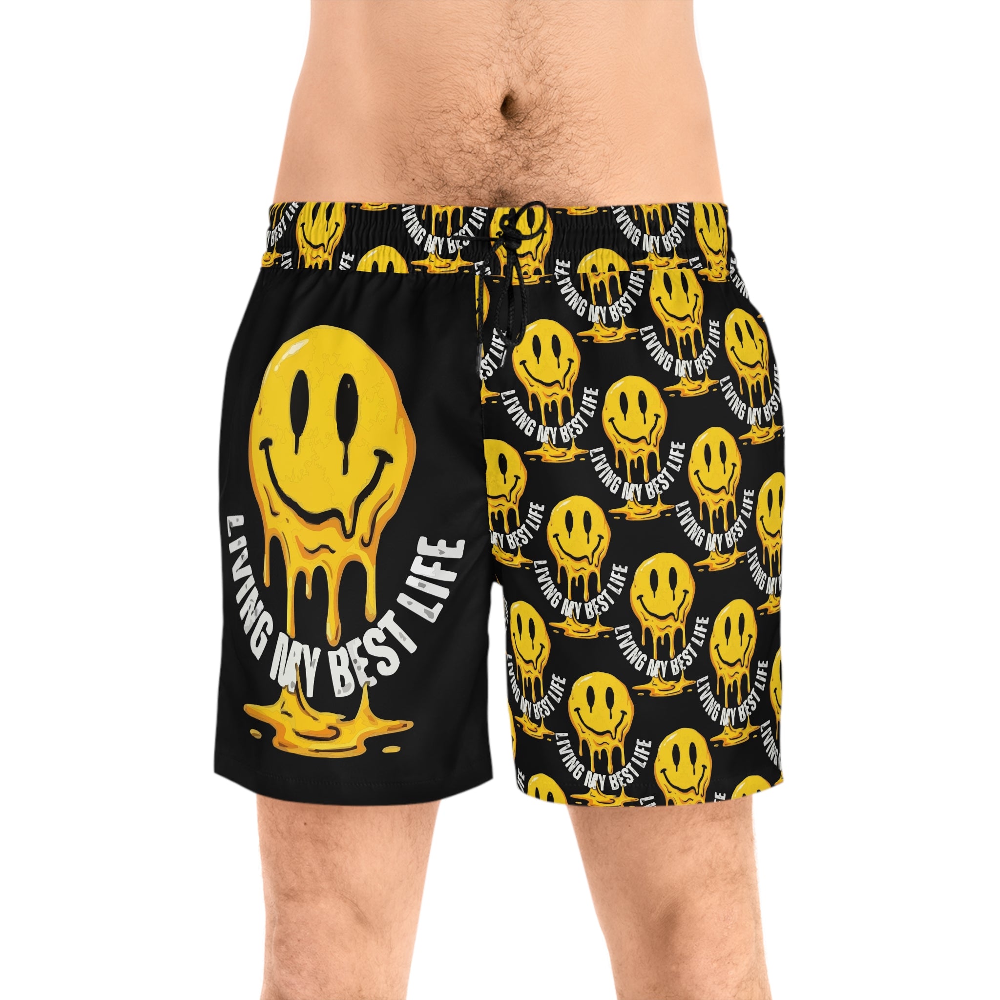 Men's Swim Shorts — Yellow Melting Smiley "Living My Best Life" All-Over Print