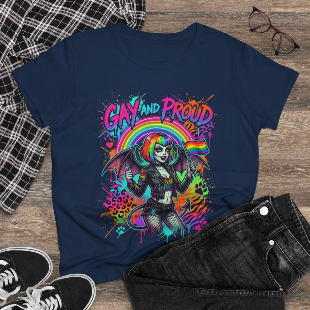 Gay and Proud Rainbow Goth Tee — Women's Pride Graphic T-Shirt
